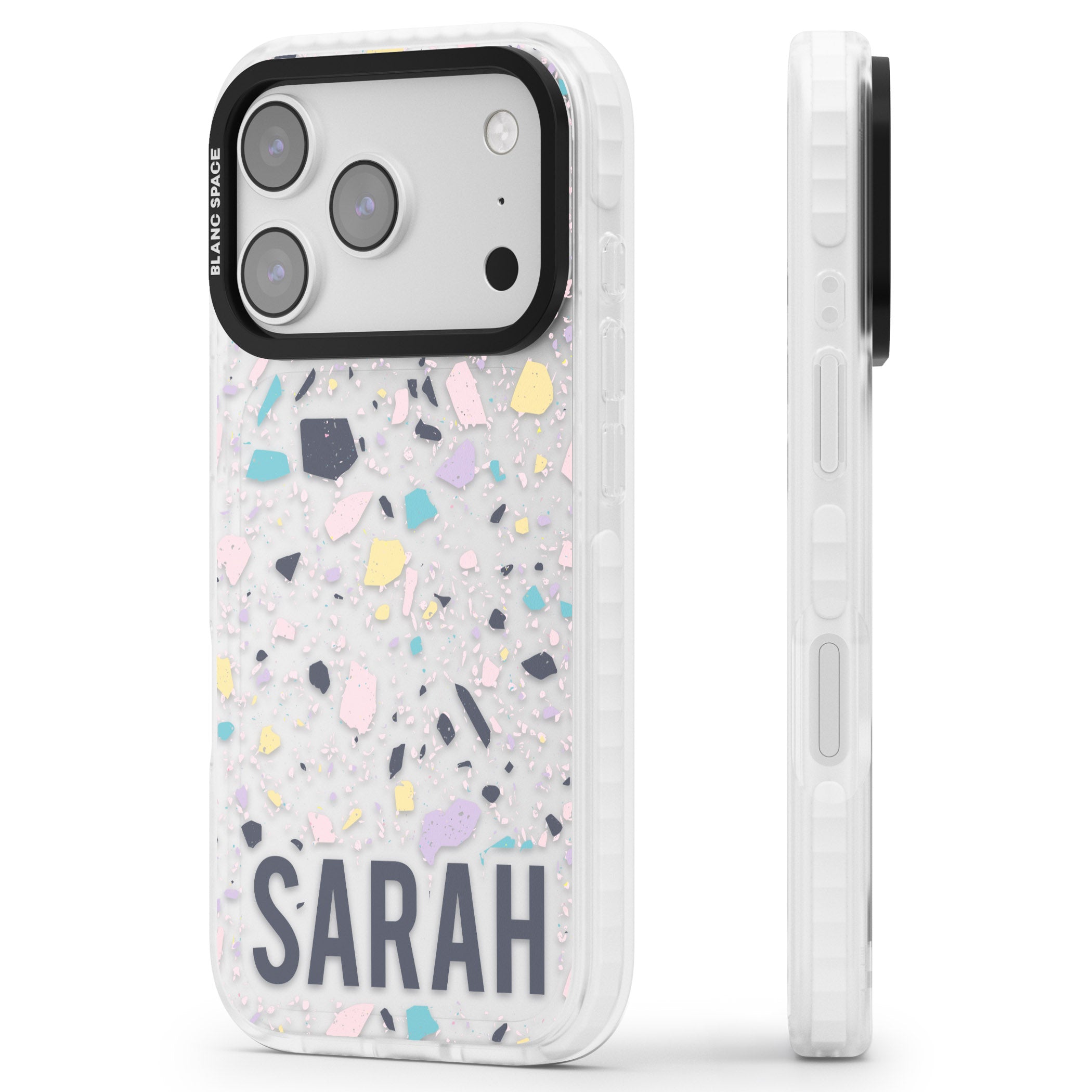 Personalised Pastel Terrazzo iPhone 17 Pro Impact Clear Phone Case Side Profile