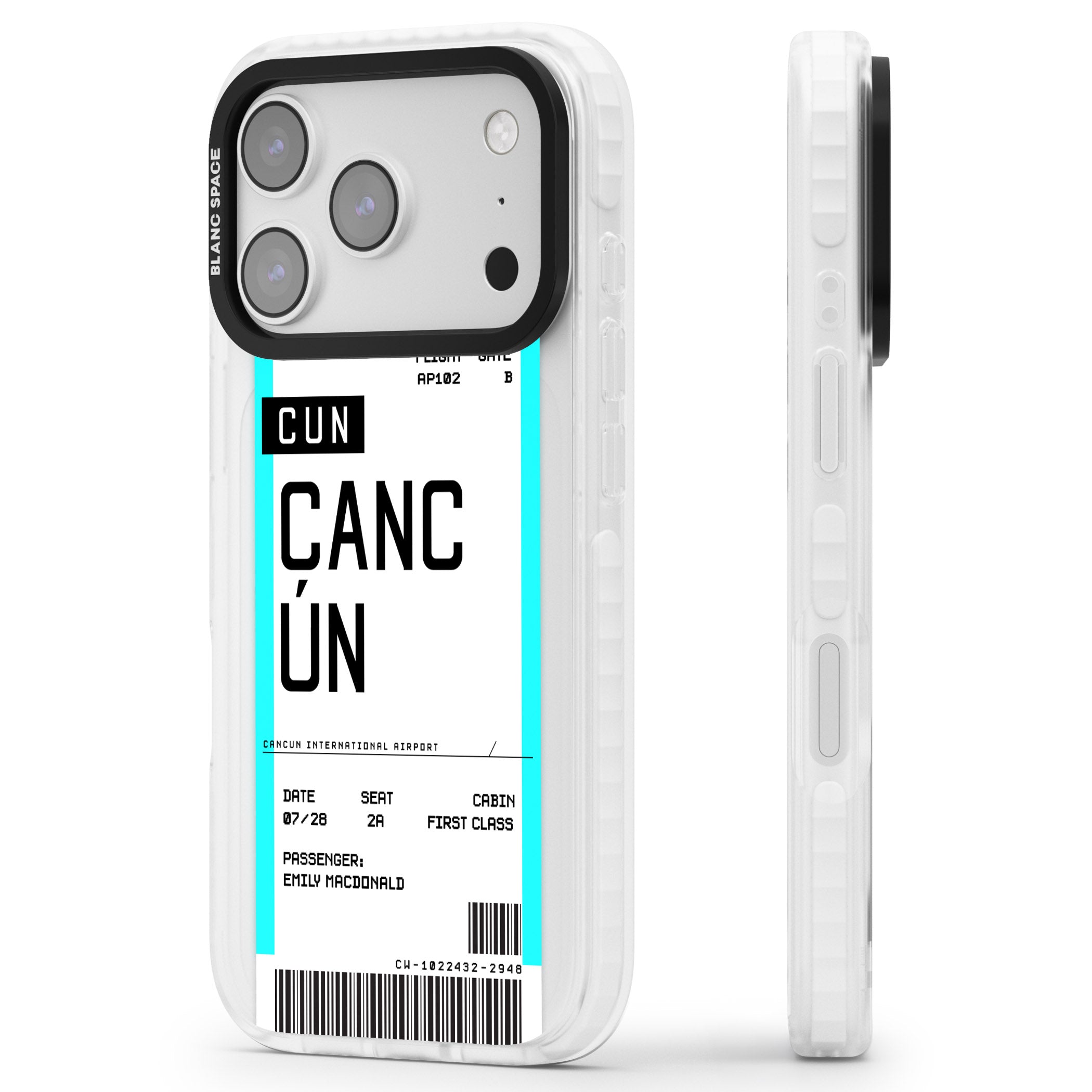 Personalised Cancún Boarding Pass iPhone 17 Pro Impact Clear Phone Case Side Profile