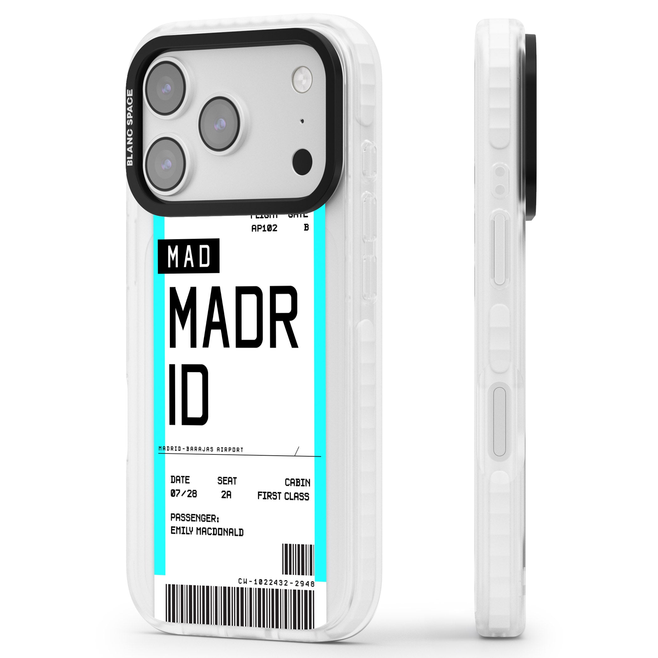 Personalised Madrid Boarding Pass iPhone 17 Pro Impact Clear Phone Case Side Profile