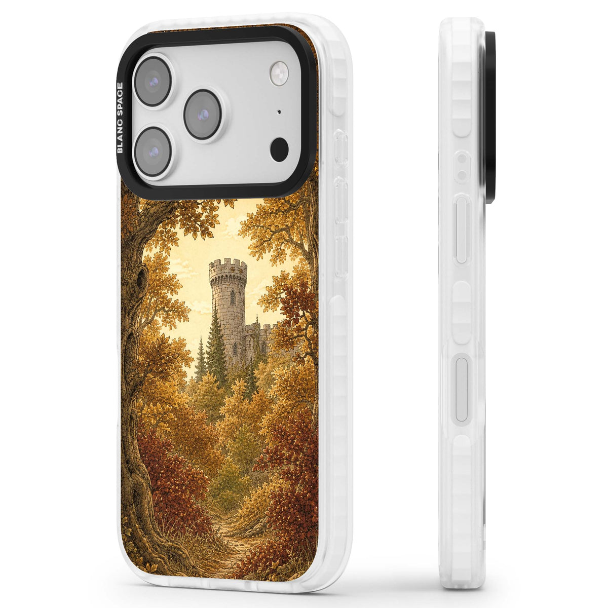 Autumn Keep cottagecore iPhone case featuring a medieval castle tower framed by golden autumn trees and woodland foliage | Black Impact case for iPhone 17 Pro, iPhone 17 Pro Max