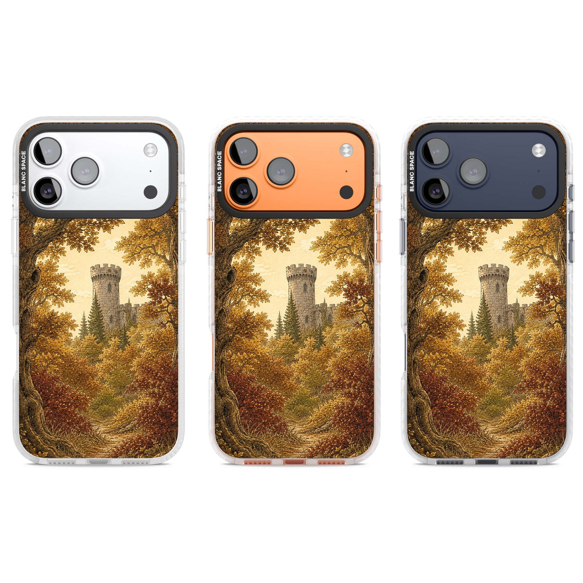 Autumn Keep cottagecore iPhone case featuring a medieval castle tower framed by golden autumn trees and woodland foliage | Black Impact case for iPhone 17 Pro, iPhone 17 Pro Max