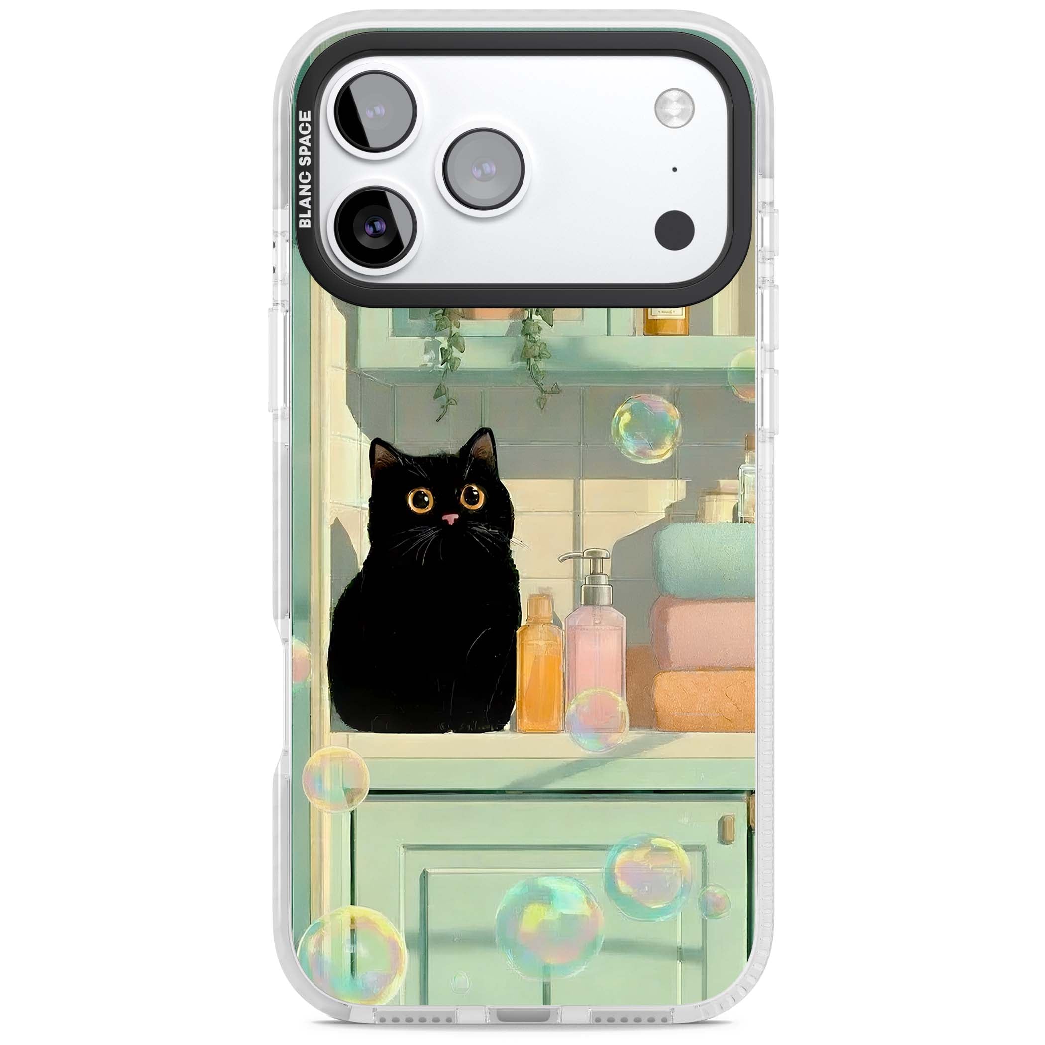 Bathroom Bubble Kitty cottagecore iPhone case featuring a black cat, mint bathroom scene and floating soap bubbles | Black Impact case for iPhone 17 Pro, iPhone 17 Pro Max