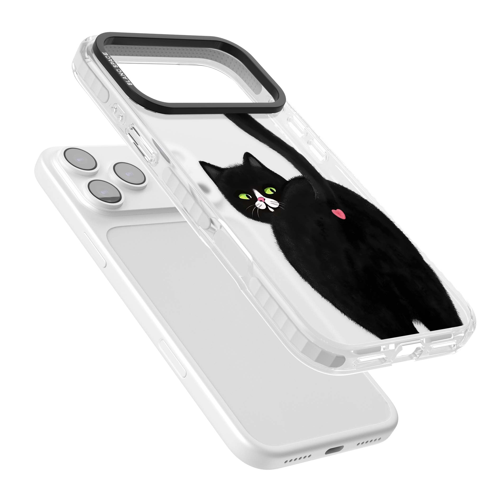 The Cat's Kiss cute cat iPhone case featuring a hand-painted tuxedo kitty with green eyes and a pink heart on a clear  | Black Impact case for iPhone 17 Pro, iPhone 17 Pro Max
