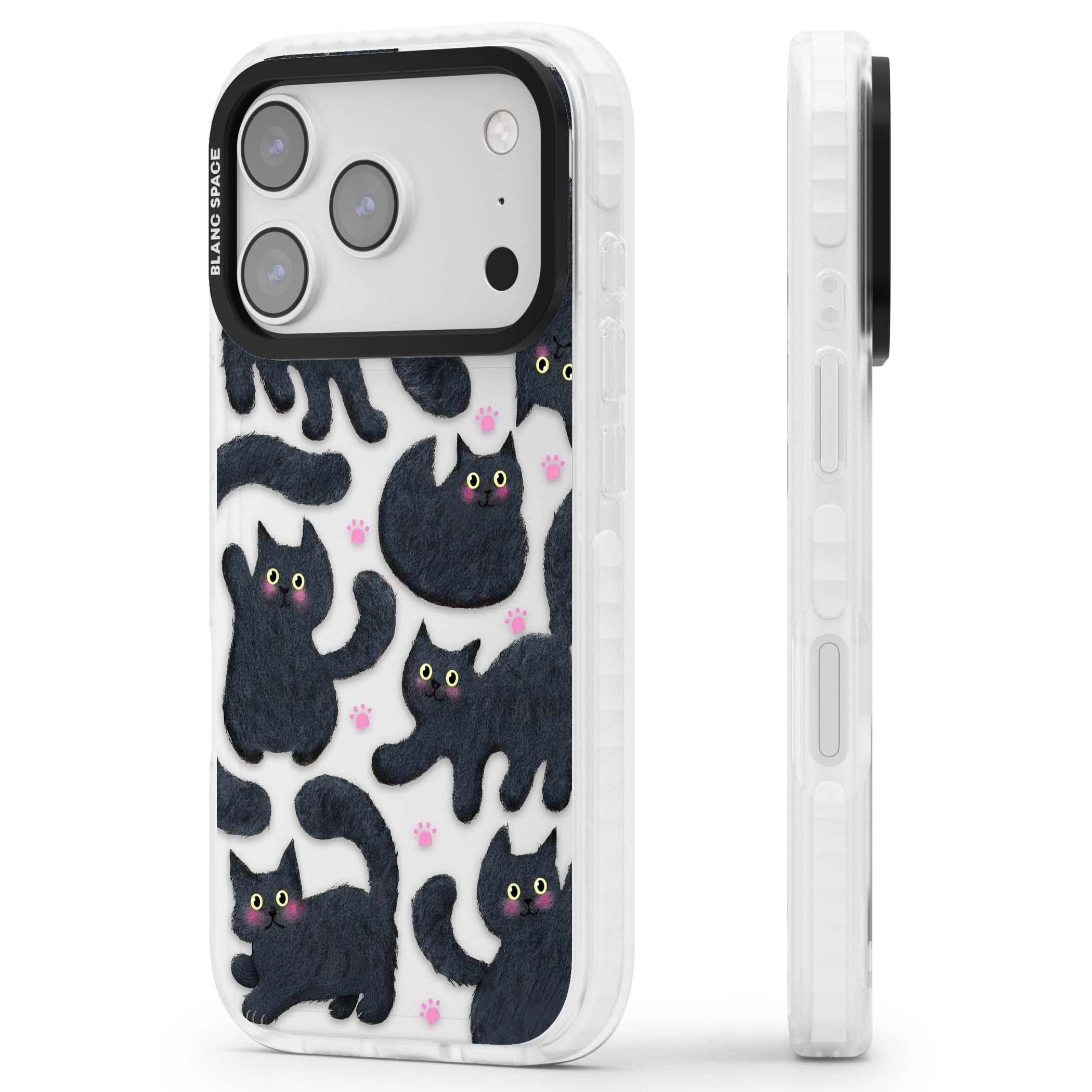 Midnight Cats cute iPhone case featuring black cat pattern with yellow eyes and pink paw prints | Black Impact case for iPhone 17 Pro, iPhone 17 Pro Max