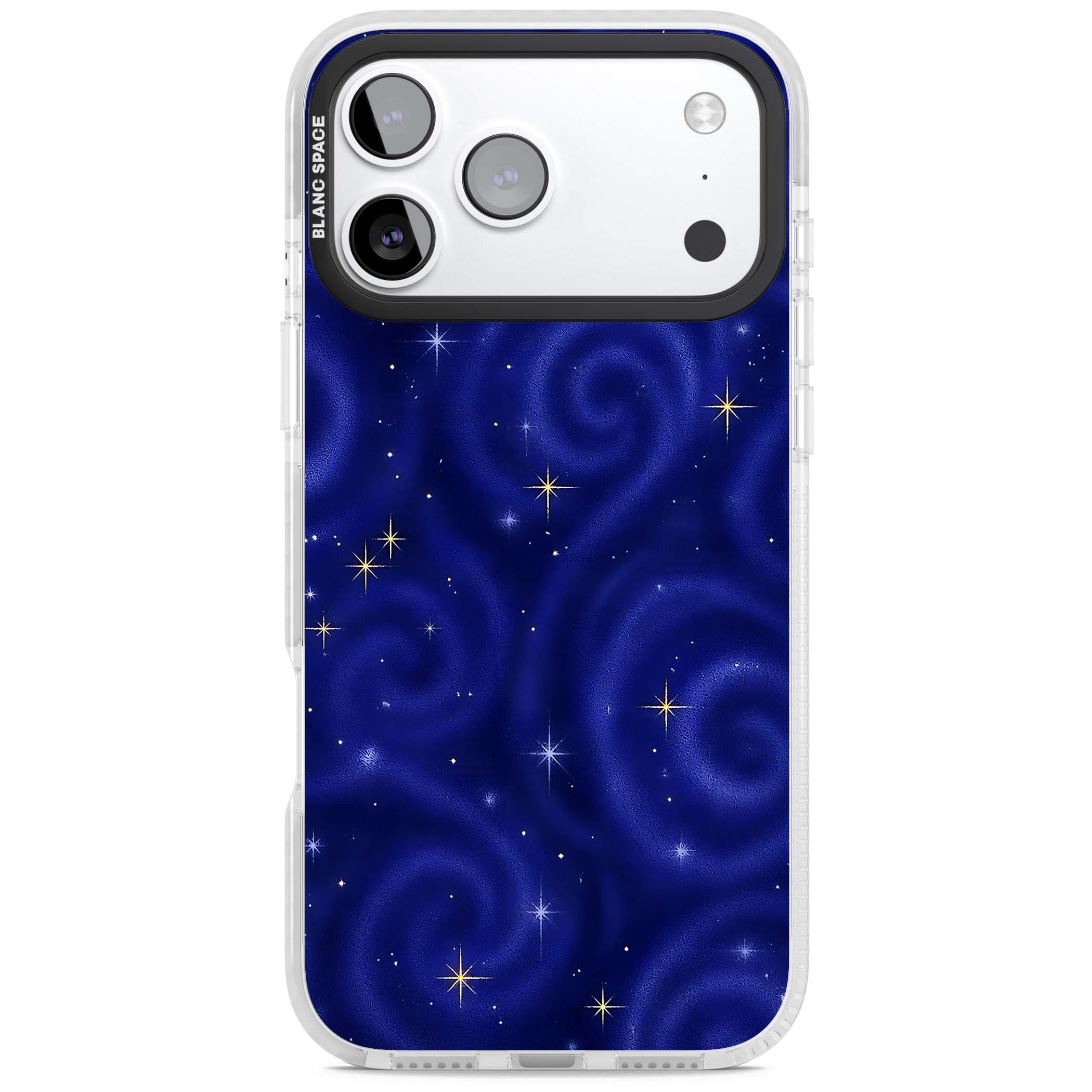 Indigo Cosmos celestial iPhone case featuring swirling navy night sky and sparkling golden stars | Black Impact case for iPhone 17 Pro, iPhone 17 Pro Max