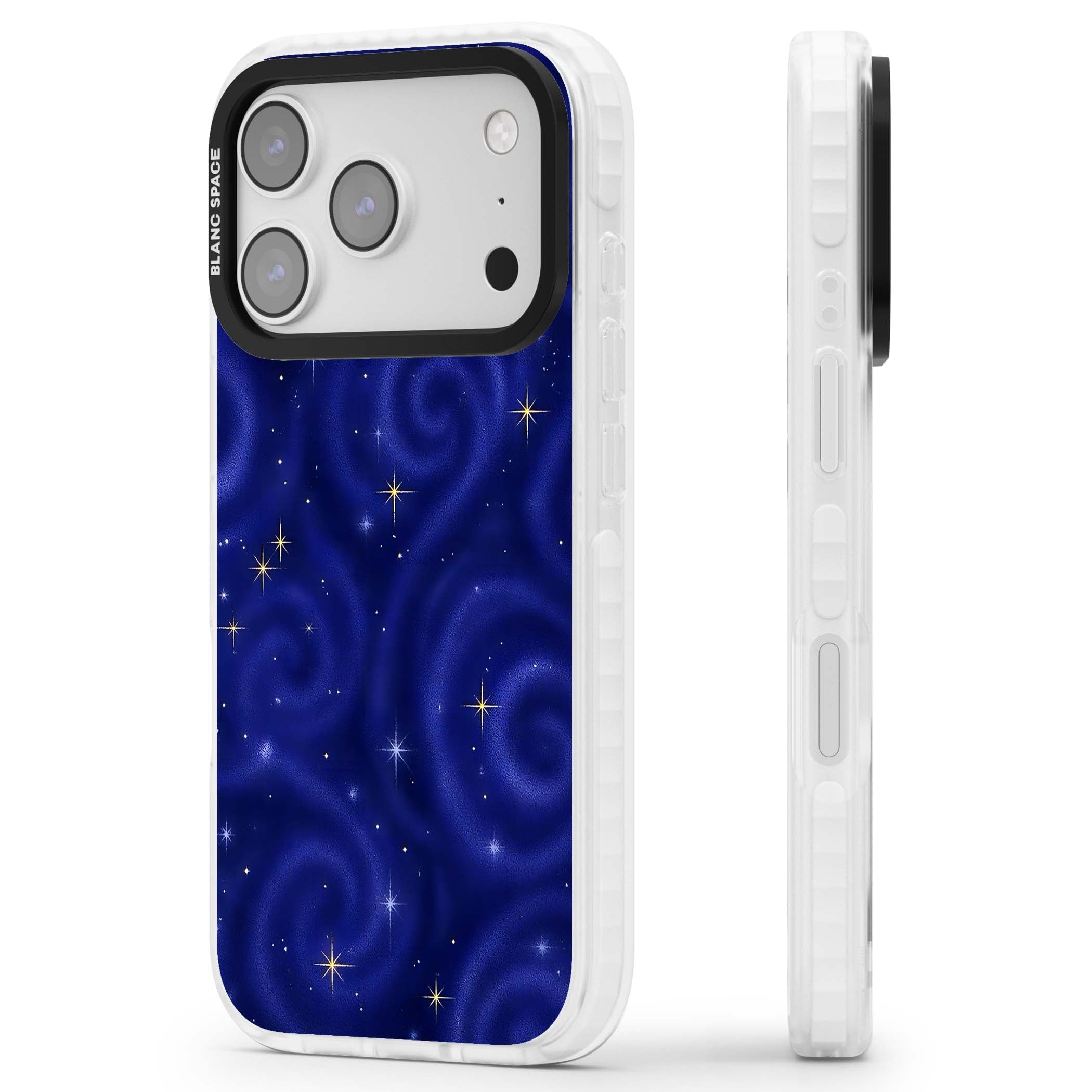 Indigo Cosmos celestial iPhone case featuring swirling navy night sky and sparkling golden stars | Black Impact case for iPhone 17 Pro, iPhone 17 Pro Max
