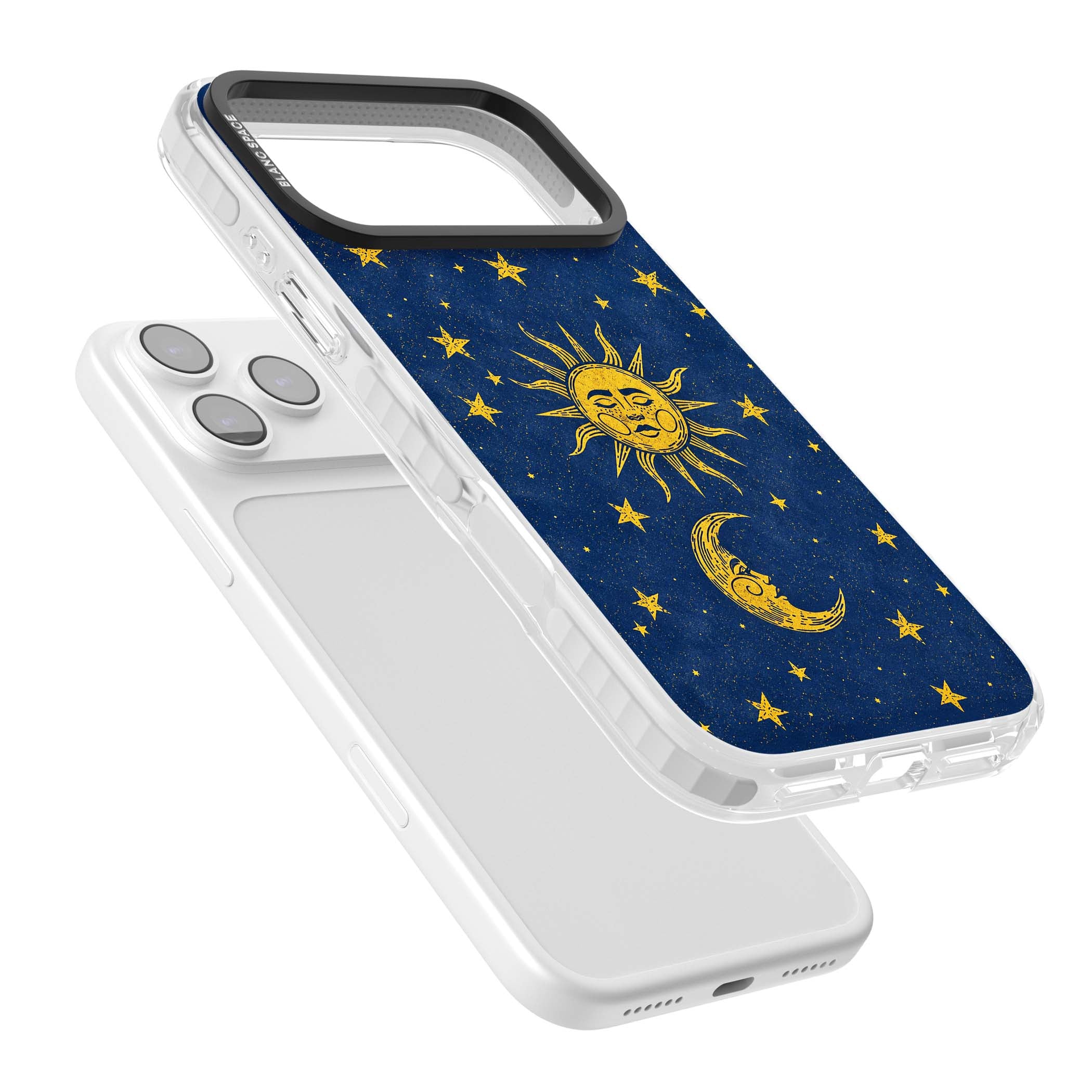 Sun & Moon Reverie celestial iPhone case featuring a vintage golden sun, crescent moon and scattered stars on midnight blue | Black Impact case for iPhone 17 Pro, iPhone 17 Pro Max