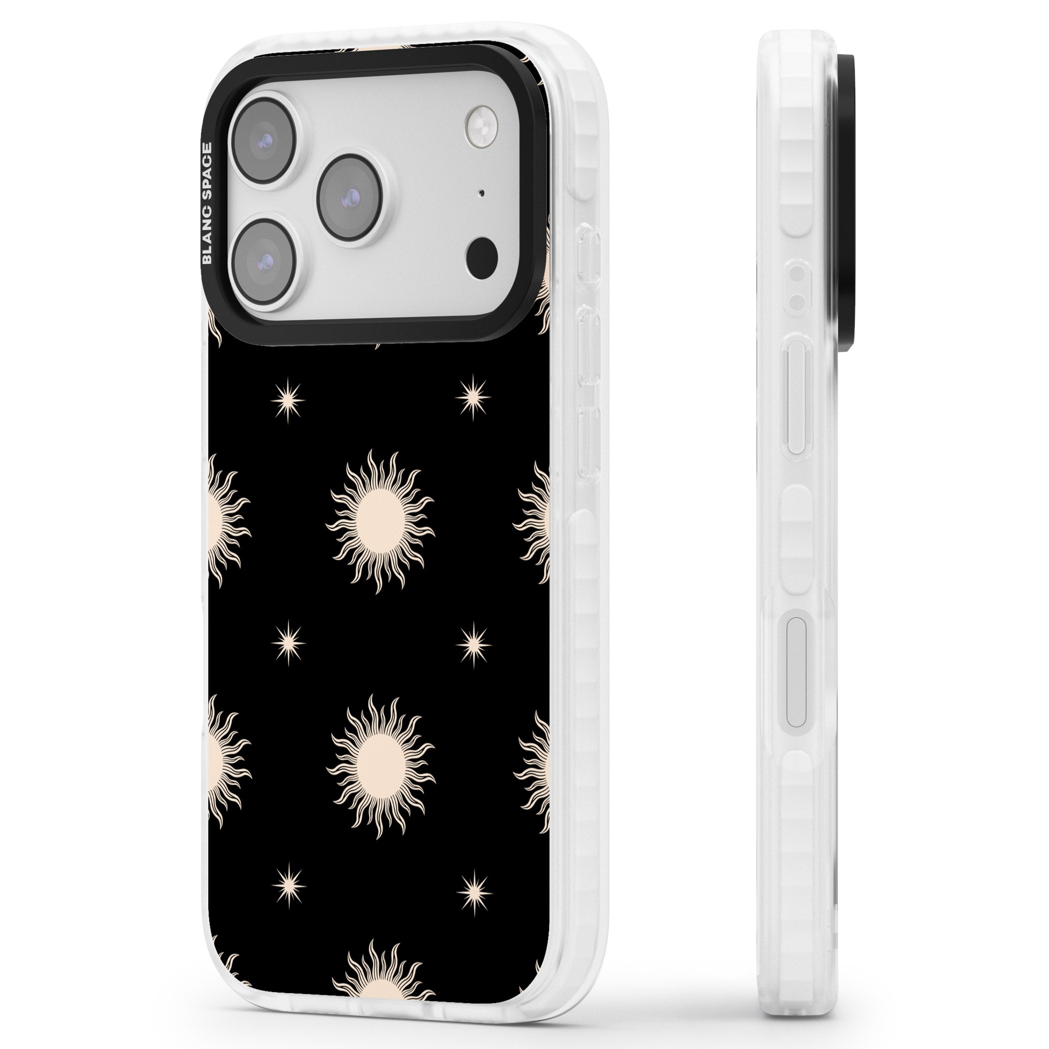 Celestial Patterns Classic Suns (Black) iPhone 17 Pro Impact Clear Phone Case Side Profile