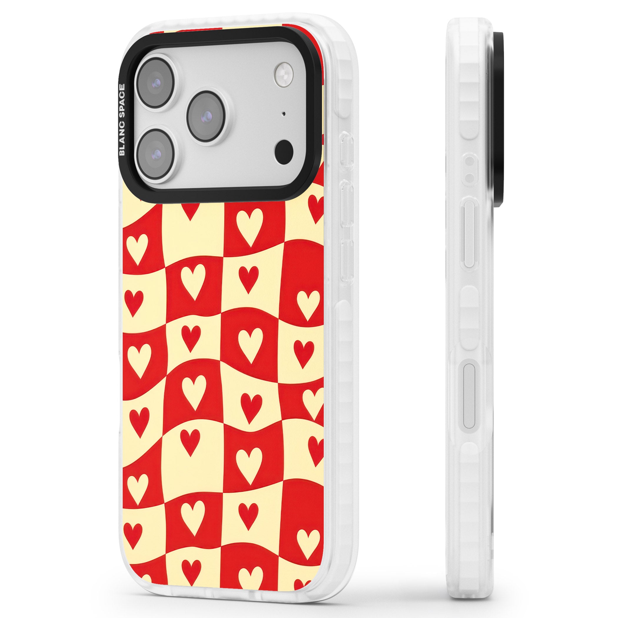 Red Wavy Checked & Hearts iPhone 17 Pro Impact Clear Phone Case Side Profile
