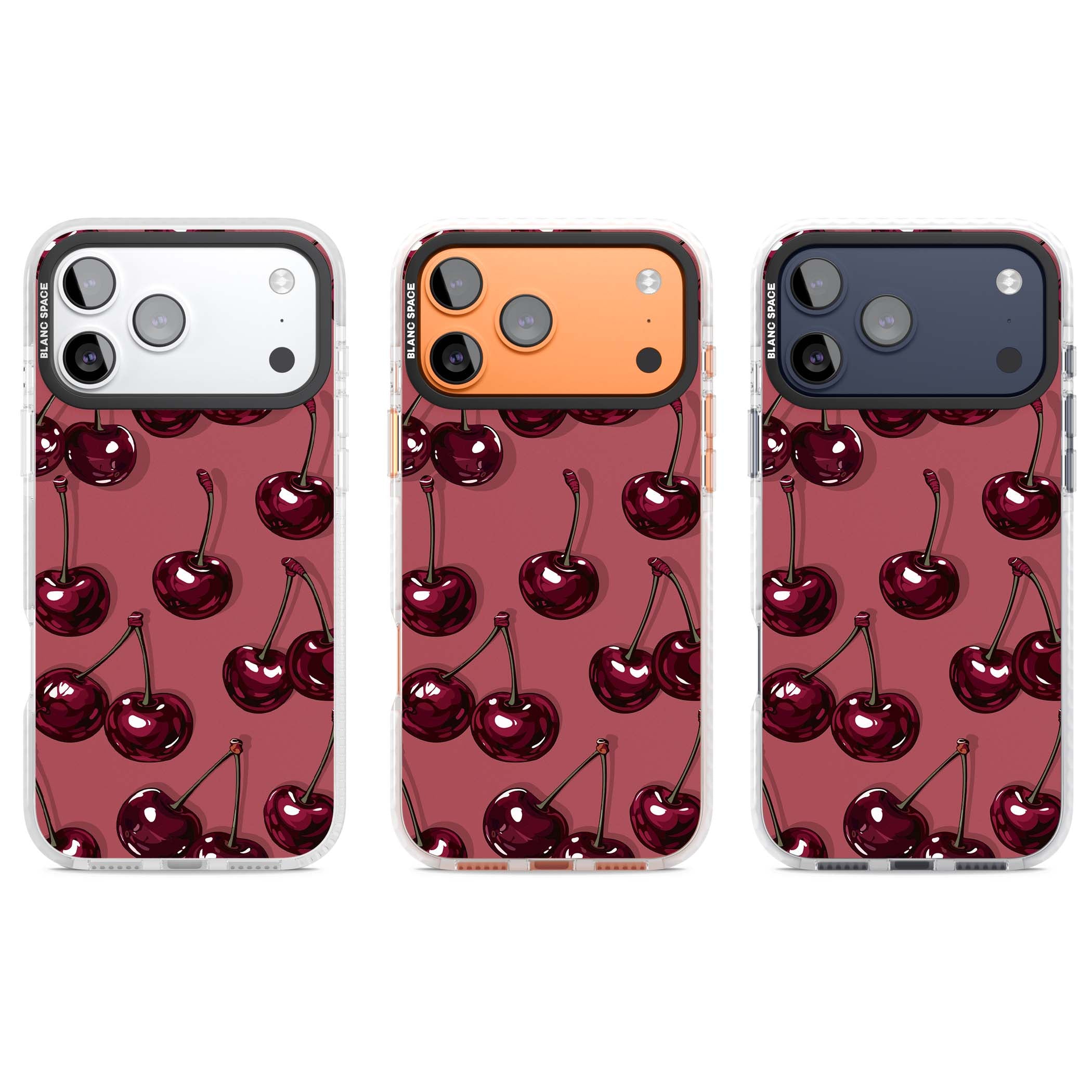 Cherry Rebel coquette iPhone case featuring glossy burgundy cherries on a dusty rose background | Black Impact case for iPhone 17 Pro, iPhone 17 Pro Max