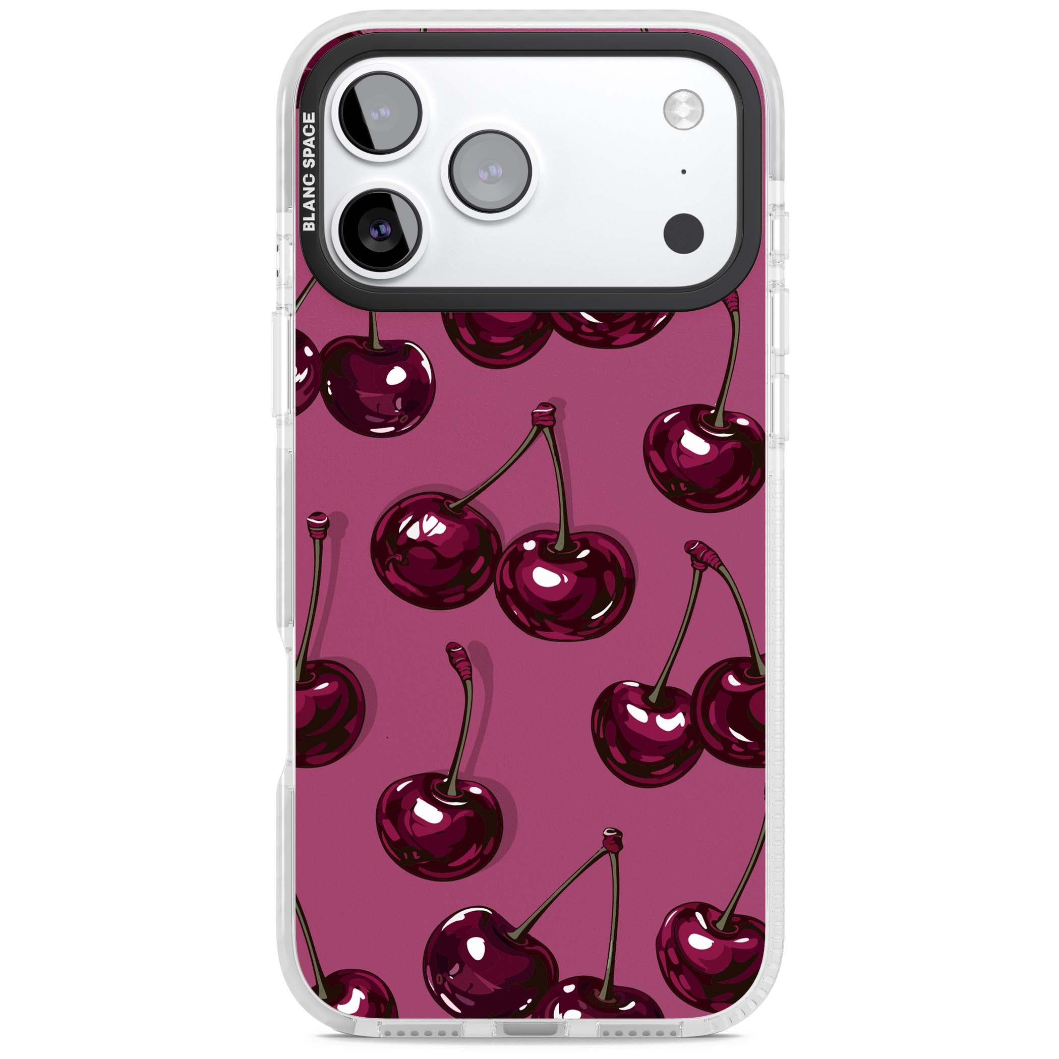 Cherry Soda coquette iPhone case featuring glossy burgundy cherries on a dusty pink background | Black Impact case for iPhone 17 Pro, iPhone 17 Pro Max