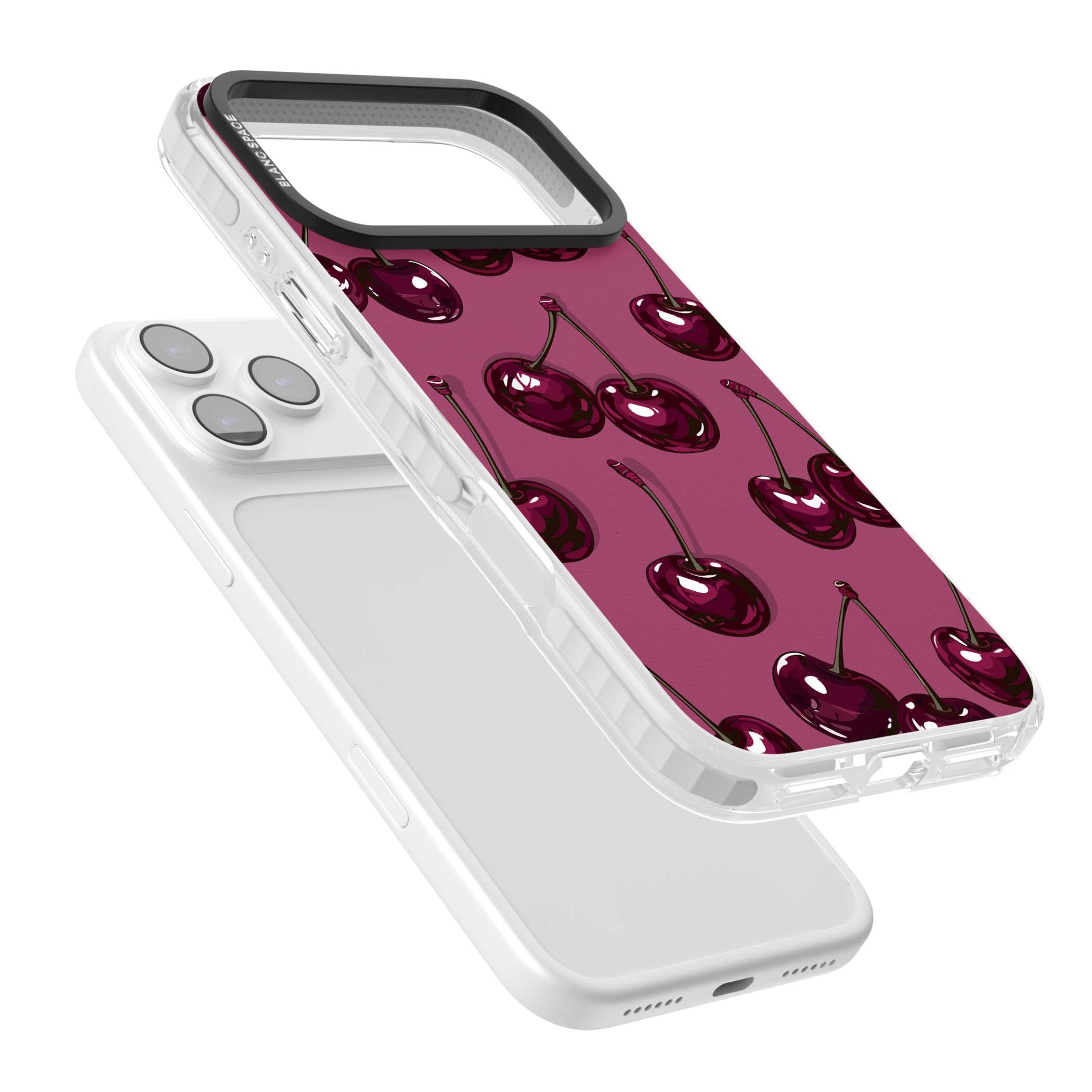 Cherry Soda coquette iPhone case featuring glossy burgundy cherries on a dusty pink background | Black Impact case for iPhone 17 Pro, iPhone 17 Pro Max