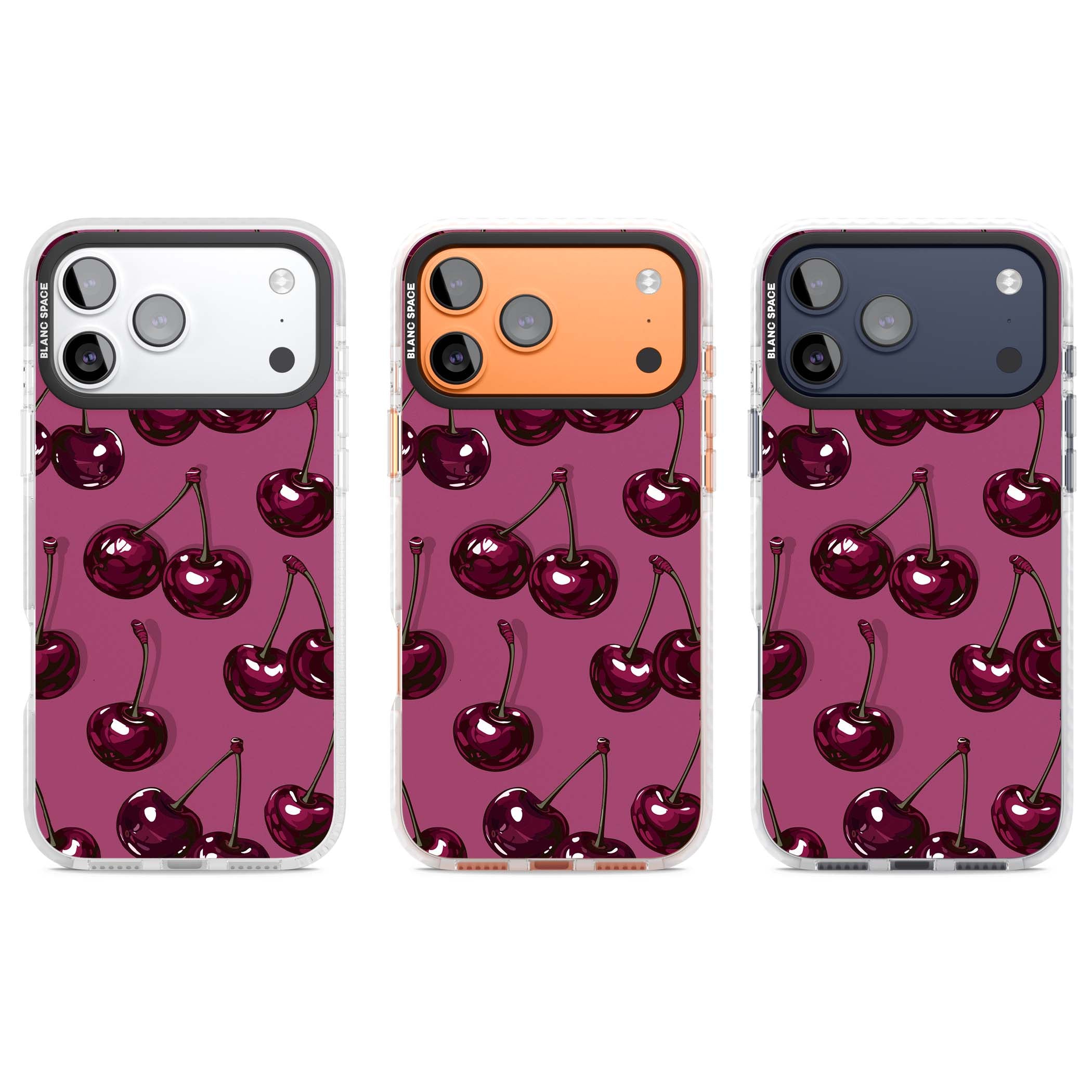 Cherry Soda coquette iPhone case featuring glossy burgundy cherries on a dusty pink background | Black Impact case for iPhone 17 Pro, iPhone 17 Pro Max