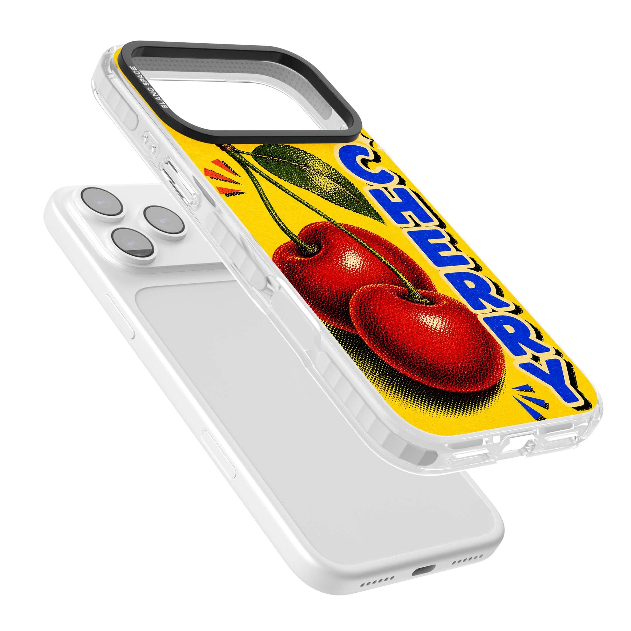 Cherry Yellow y2k iPhone case featuring two red cherries, halftone shading and bold blue CHERRY lettering on yellow | Black Impact case for iPhone 17 Pro, iPhone 17 Pro Max