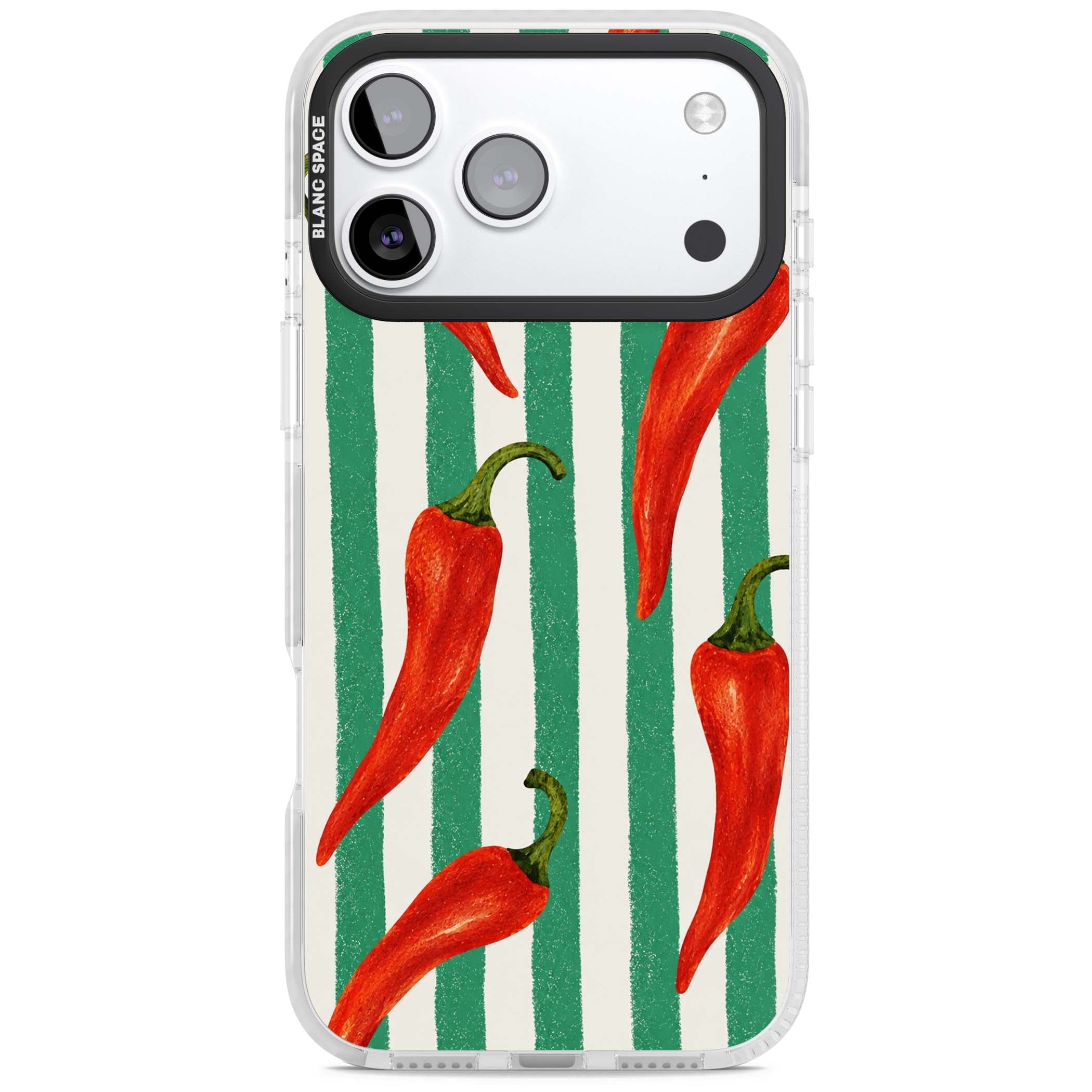 Striped Chillis coastal iPhone case featuring hand-painted red chili peppers on green and cream stripes | Black Impact case for iPhone 17 Pro, iPhone 17 Pro Max