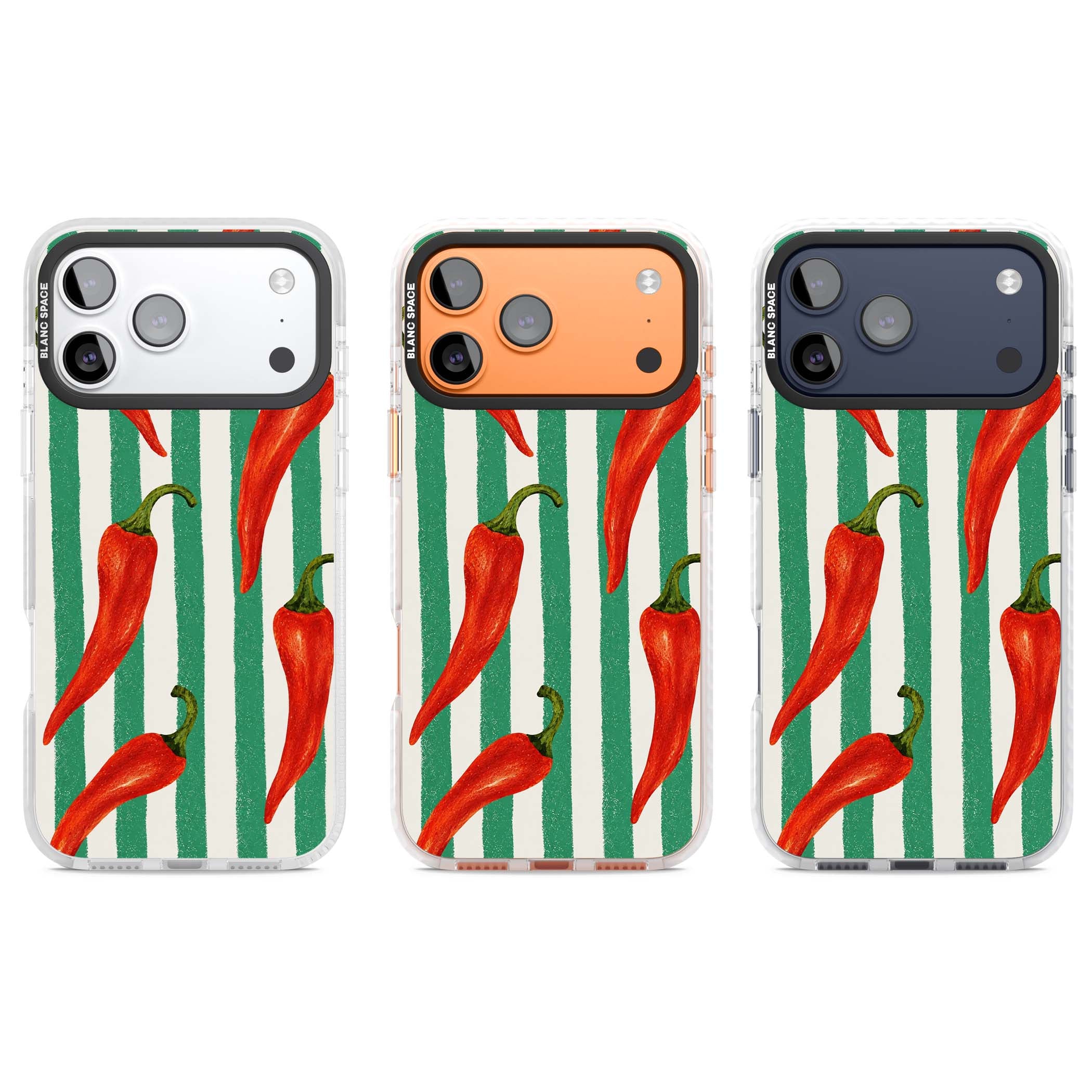 Striped Chillis coastal iPhone case featuring hand-painted red chili peppers on green and cream stripes | Black Impact case for iPhone 17 Pro, iPhone 17 Pro Max