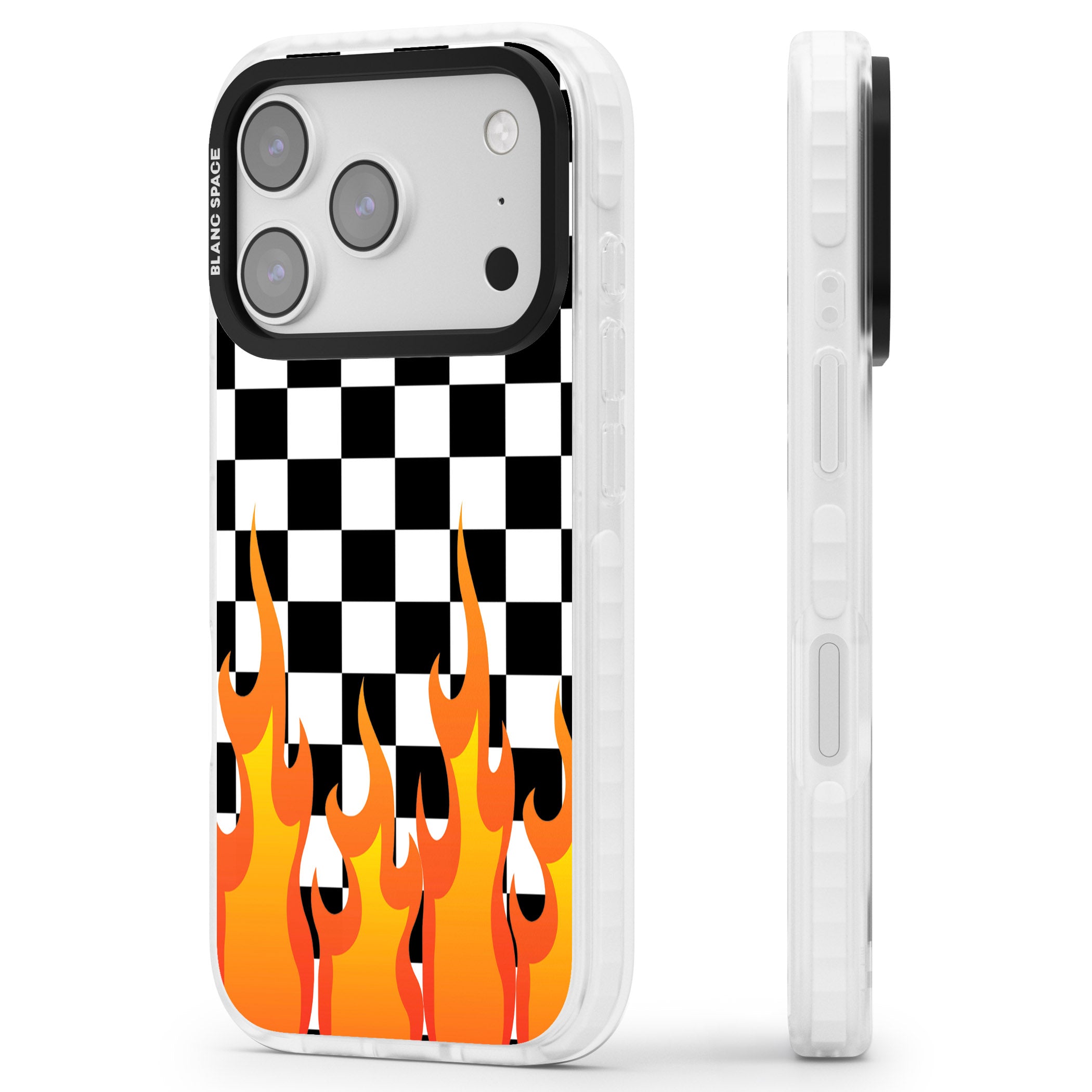 Checkered Fire iPhone 17 Pro Impact Clear Phone Case Side Profile