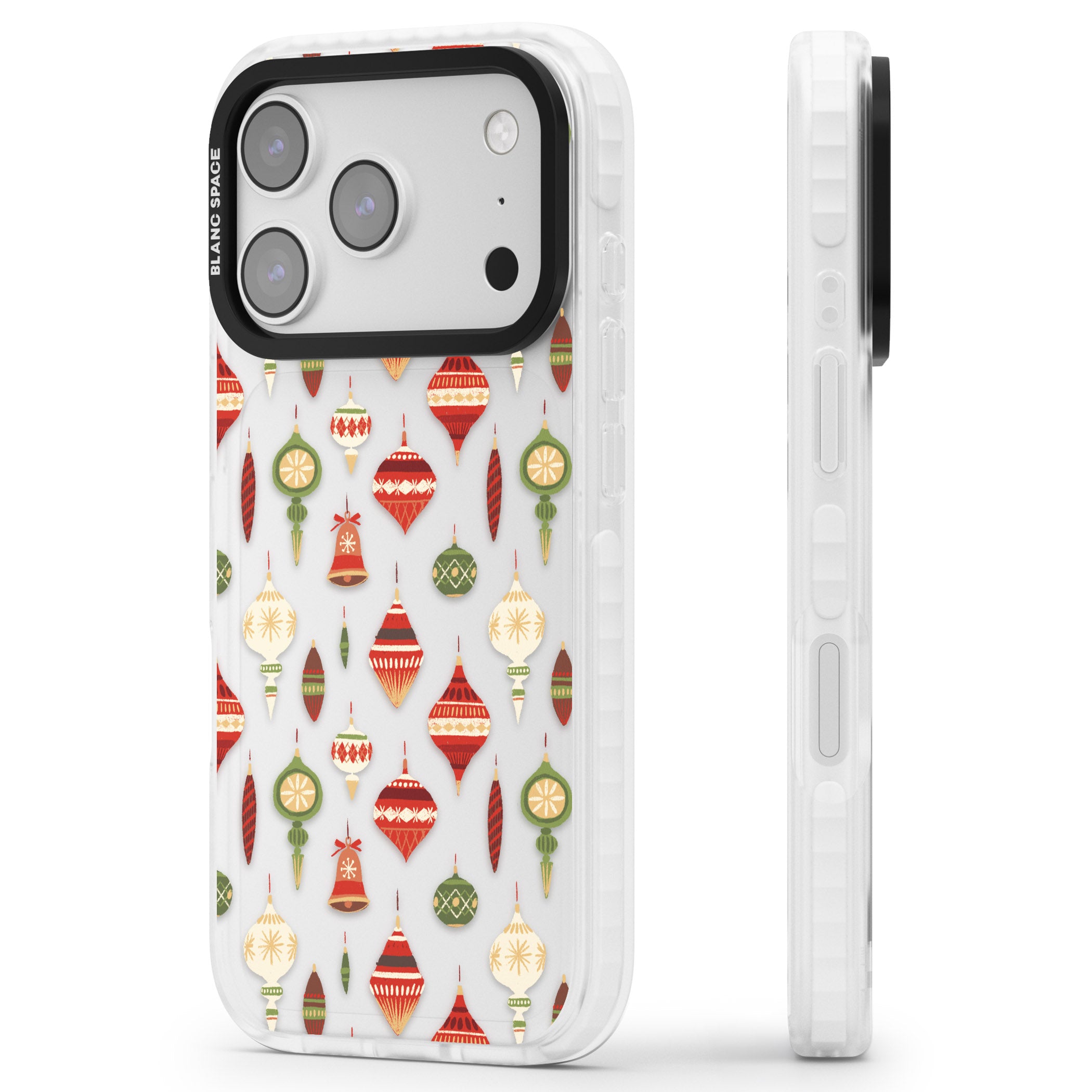 Christmas Baubles Pattern iPhone 17 Pro Impact Clear Phone Case Side Profile