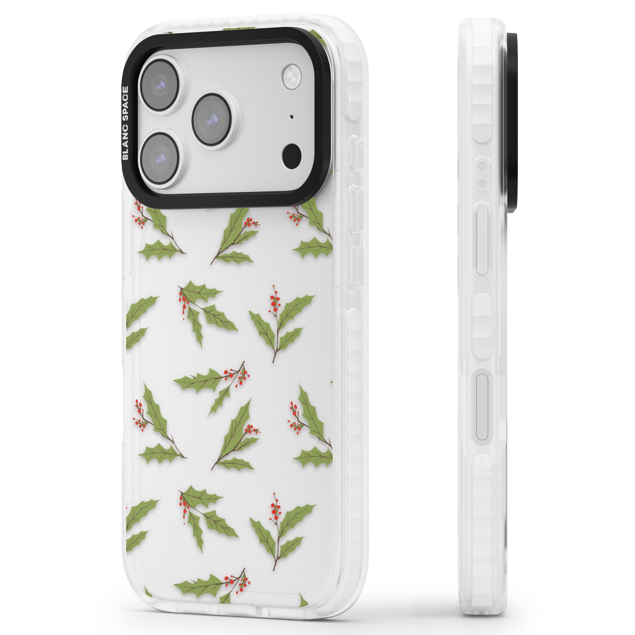 Christmas Holly Pattern iPhone 17 Pro Impact Clear Phone Case Side Profile