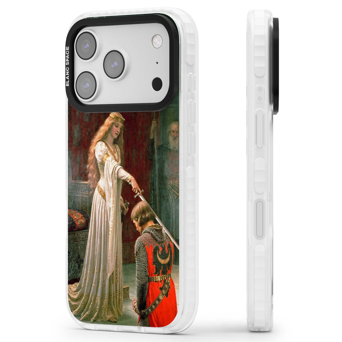 The Accolade renaissance art iPhone case featuring Edmund Blair Leighton's painting of a queen knighting a kneeling knight | Black Impact case for iPhone 17 Pro, iPhone 17 Pro Max