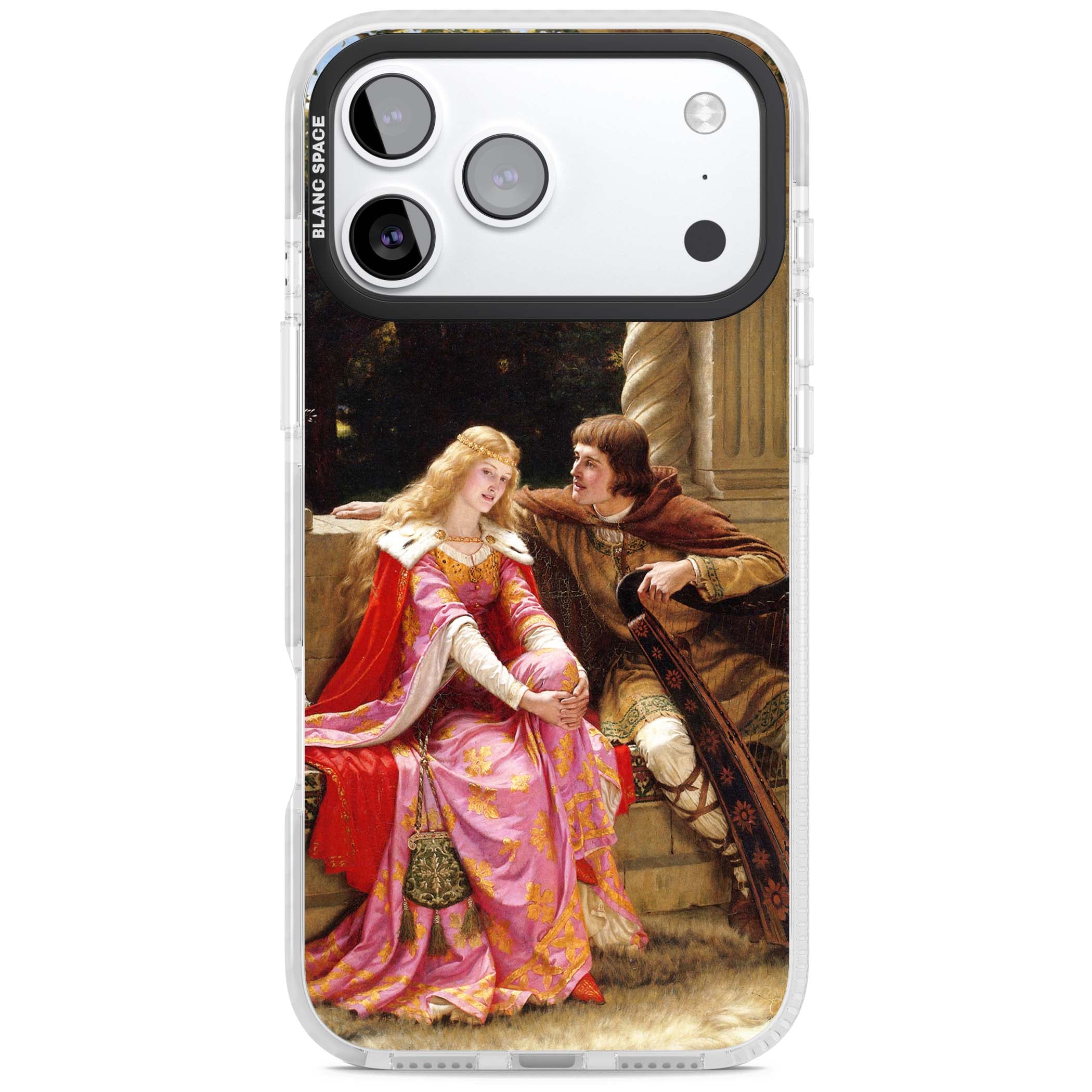 The End of the Song classic art iPhone case featuring a medieval lady in pink gown and her knight in a stone archway | Black Impact case for iPhone 17 Pro, iPhone 17 Pro Max