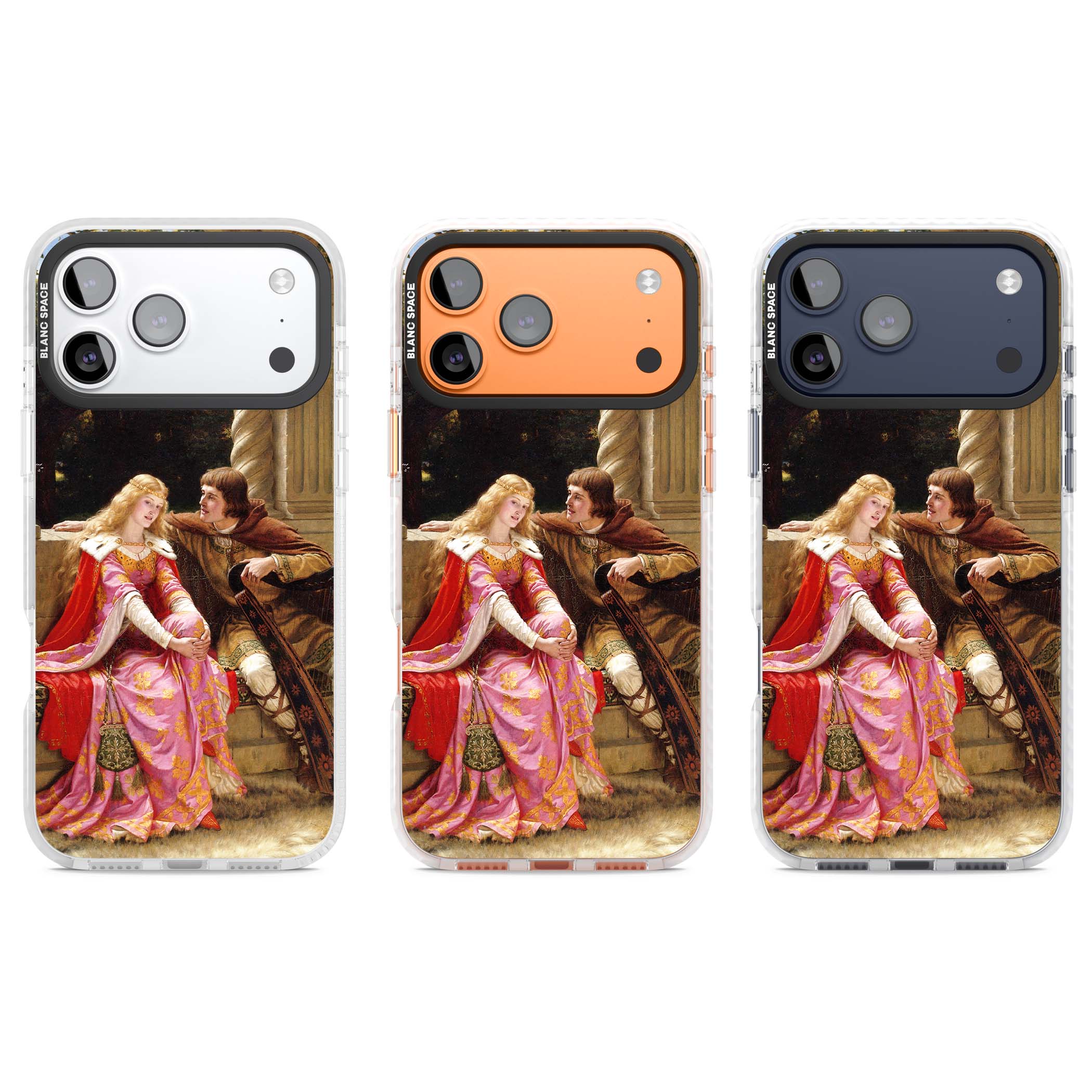The End of the Song classic art iPhone case featuring a medieval lady in pink gown and her knight in a stone archway | Black Impact case for iPhone 17 Pro, iPhone 17 Pro Max