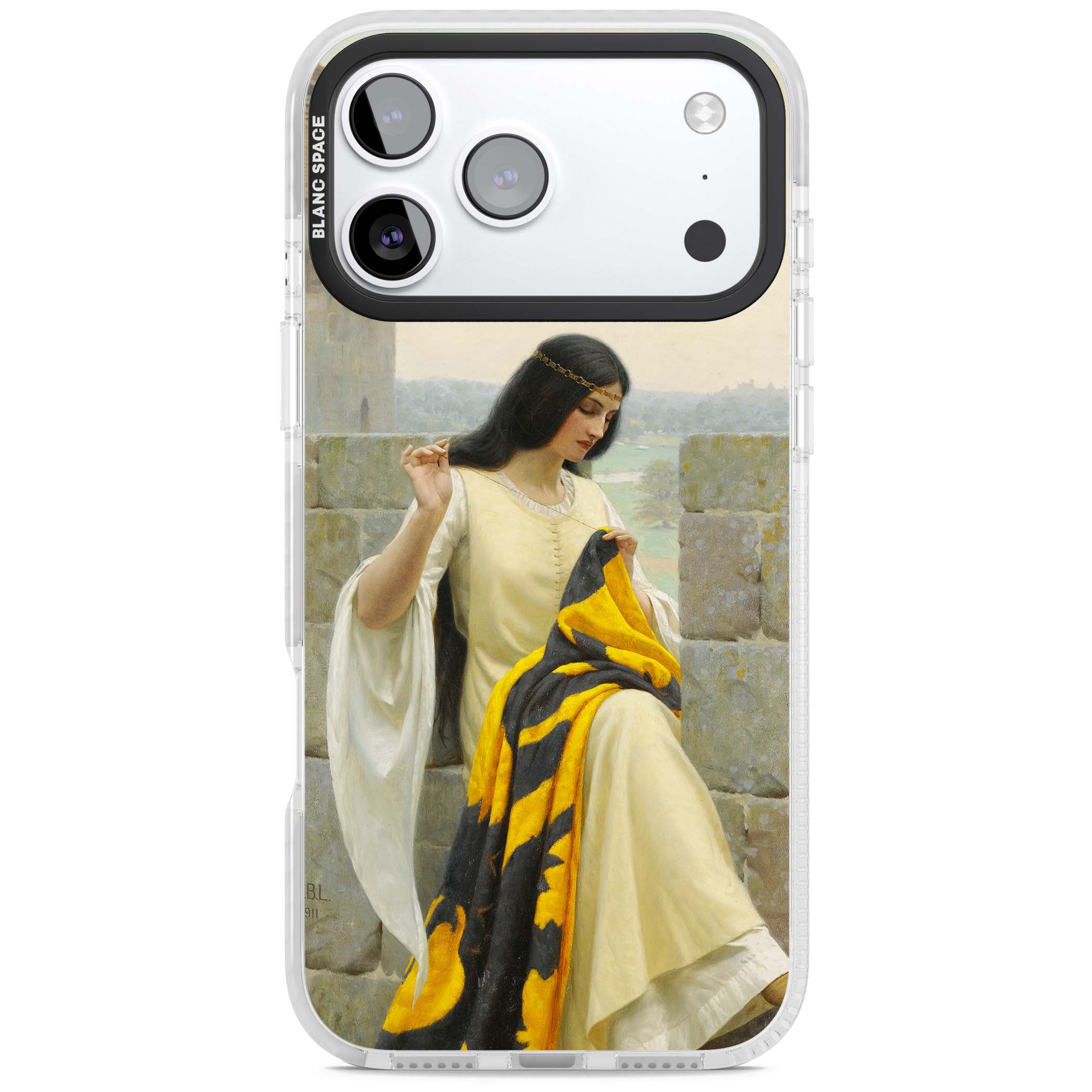 Stitching the Standard renaissance art iPhone case featuring a medieval lady sewing a golden banner on a castle wall | Black Impact case for iPhone 17 Pro, iPhone 17 Pro Max