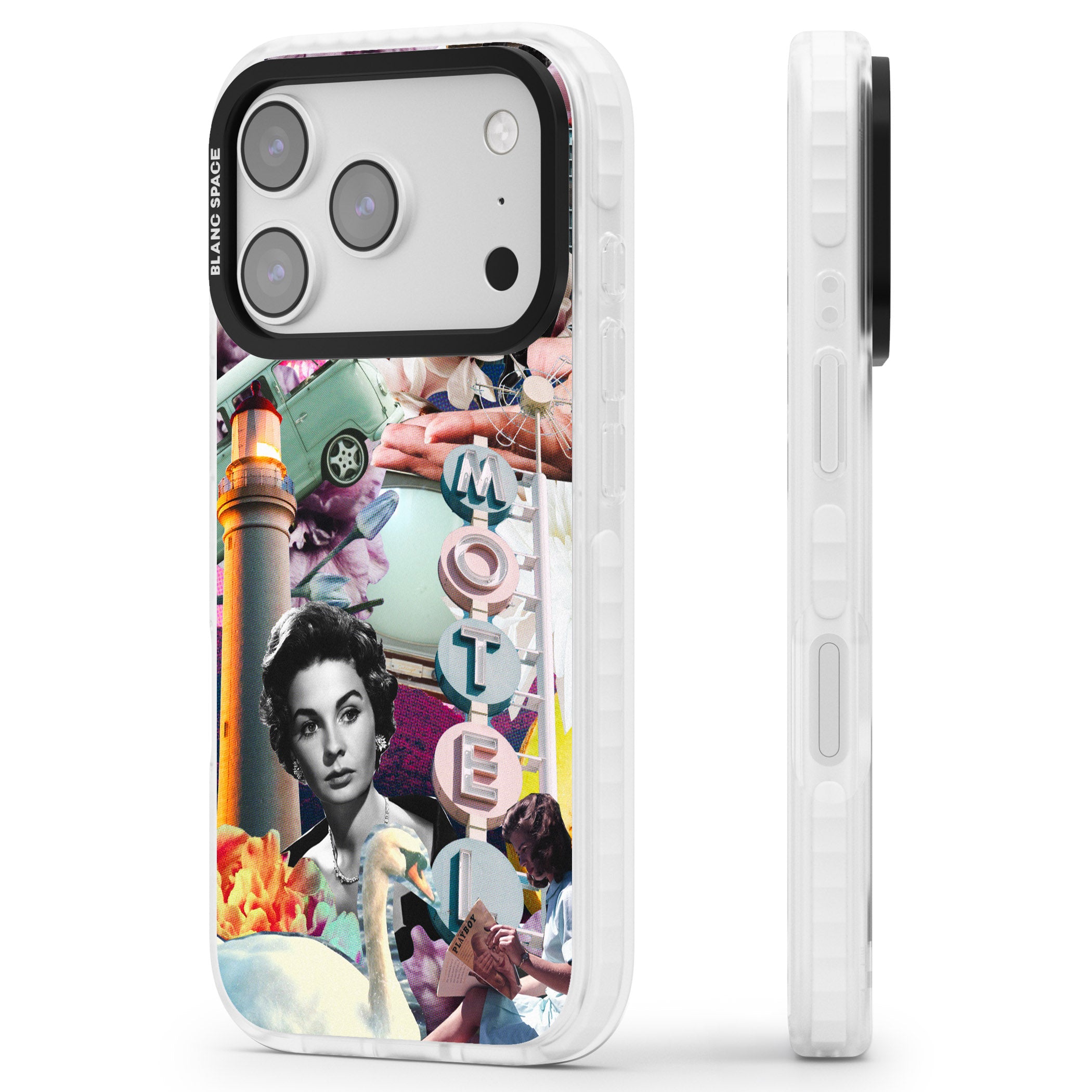 Retro Motel Collage iPhone 17 Pro Impact Clear Phone Case Side Profile