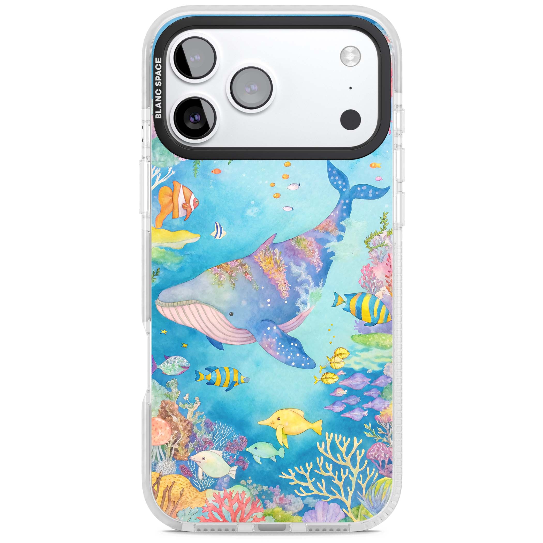 Coral Lagoon ocean iPhone case featuring a watercolour whale, coral reef and tropical fish | Black Impact case for iPhone 17 Pro, iPhone 17 Pro Max