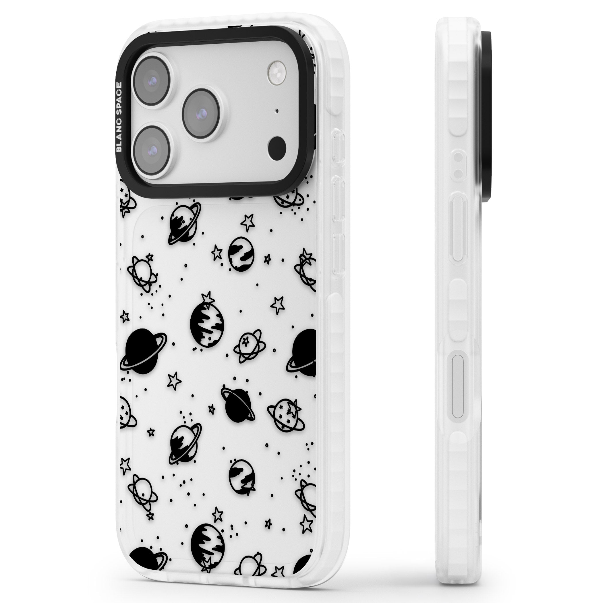 Black Planets iPhone 17 Pro Impact Clear Phone Case Side Profile
