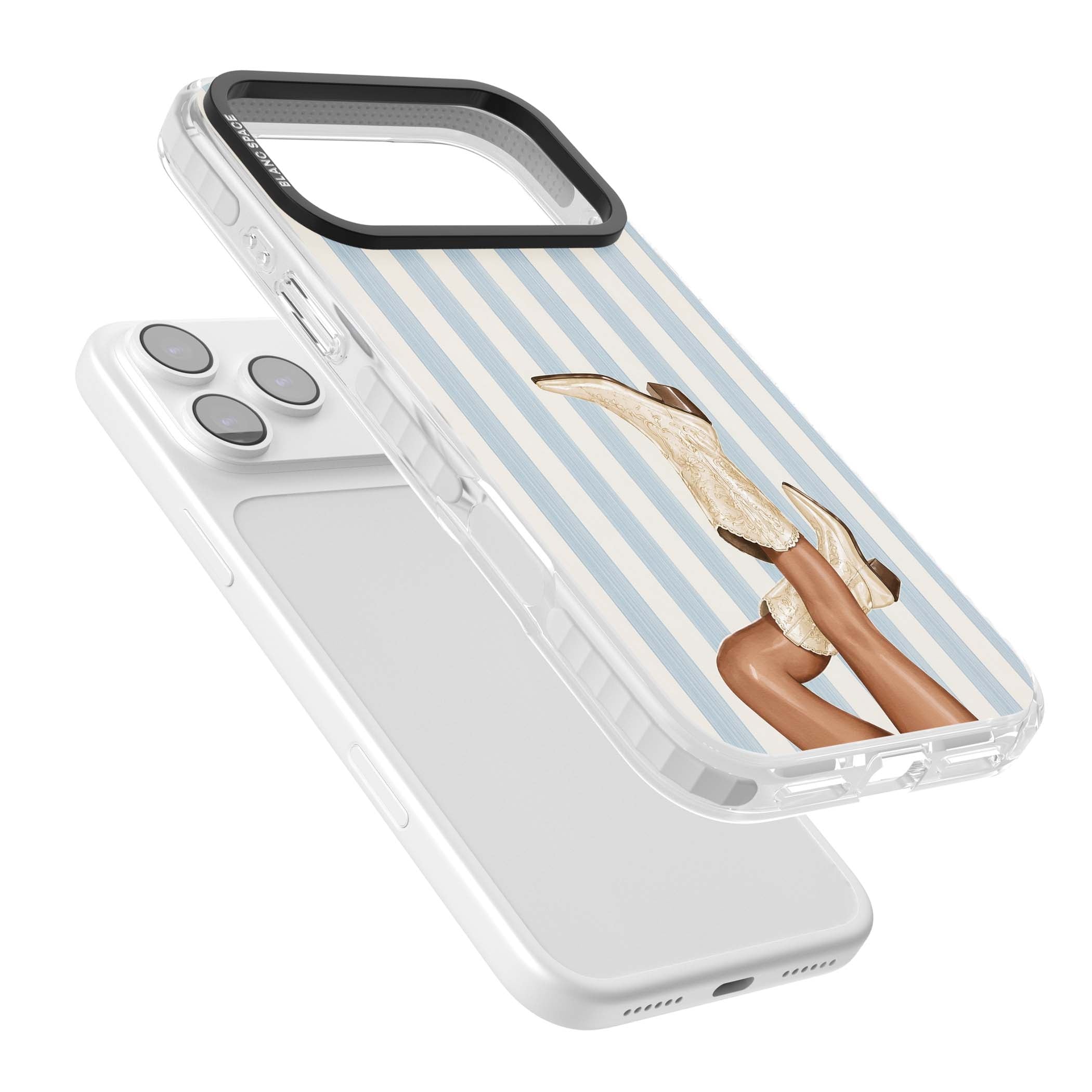 Cowgirl Boots coastal cowgirl iPhone case featuring embroidered western boots, tanned legs and a blue stripe backdrop | Black Impact case for iPhone 17 Pro, iPhone 17 Pro Max