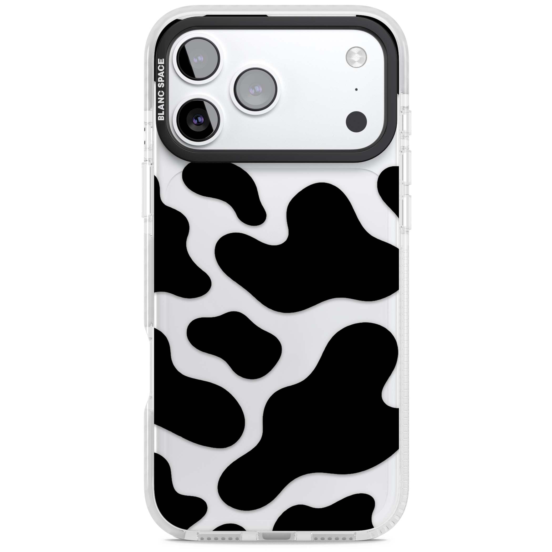 Clear Cow Print cow print iPhone case featuring black and white cow pattern splotches on a clear background | Black Impact case for iPhone 17 Pro, iPhone 17 Pro Max
