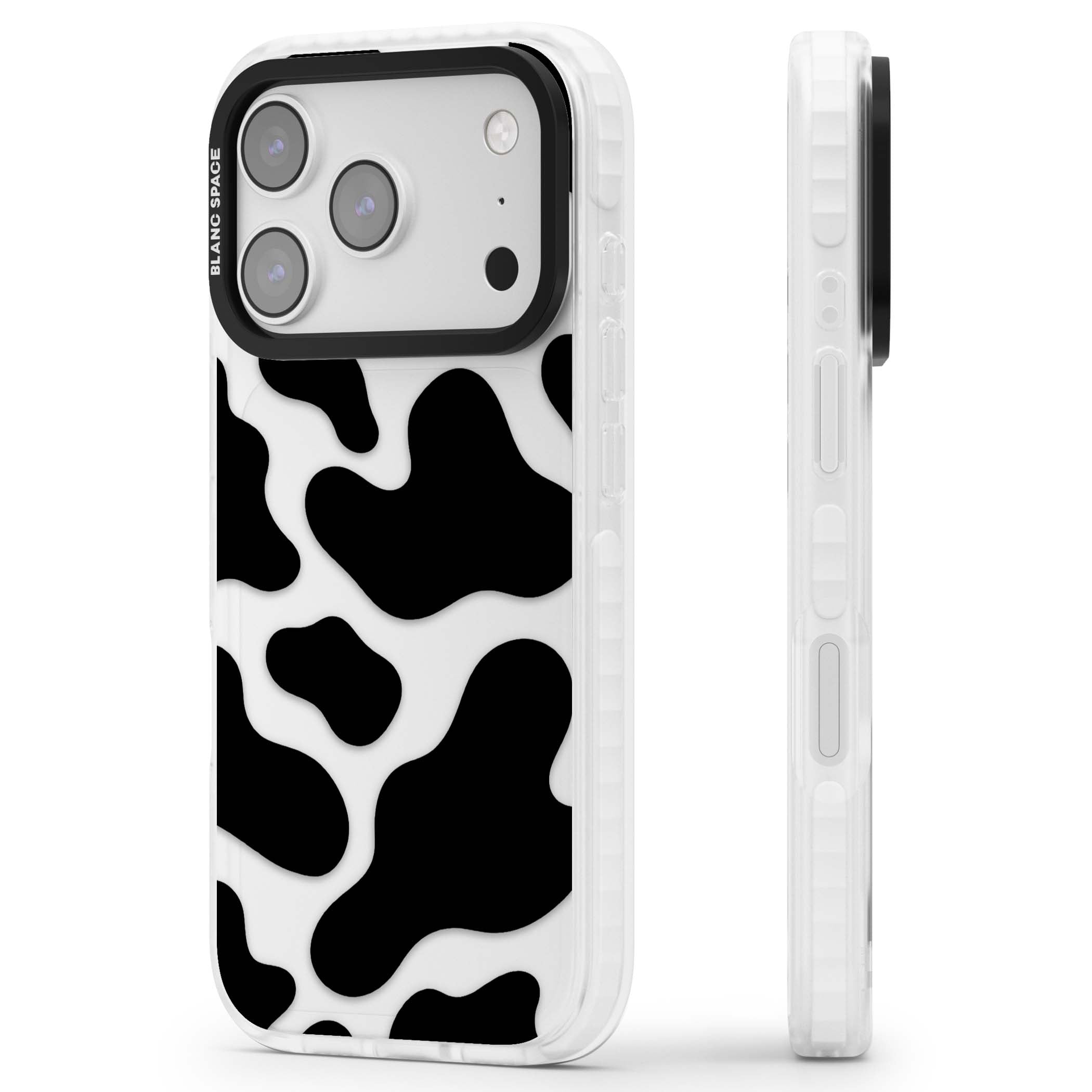Clear Cow Print cow print iPhone case featuring black and white cow pattern splotches on a clear background | Black Impact case for iPhone 17 Pro, iPhone 17 Pro Max