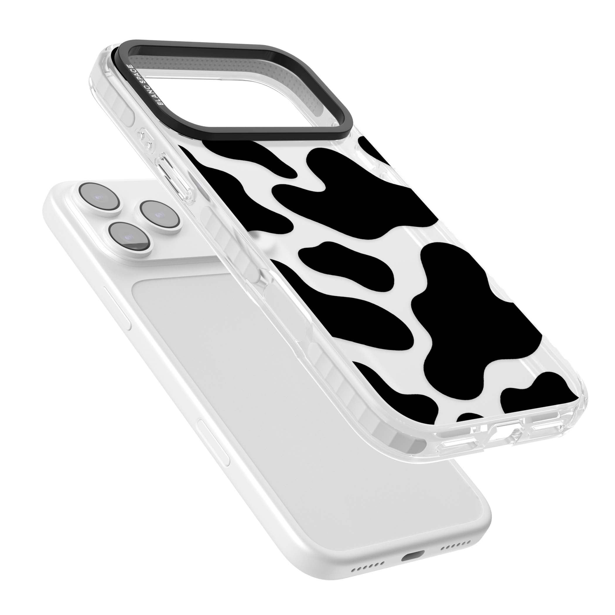 Clear Cow Print cow print iPhone case featuring black and white cow pattern splotches on a clear background | Black Impact case for iPhone 17 Pro, iPhone 17 Pro Max