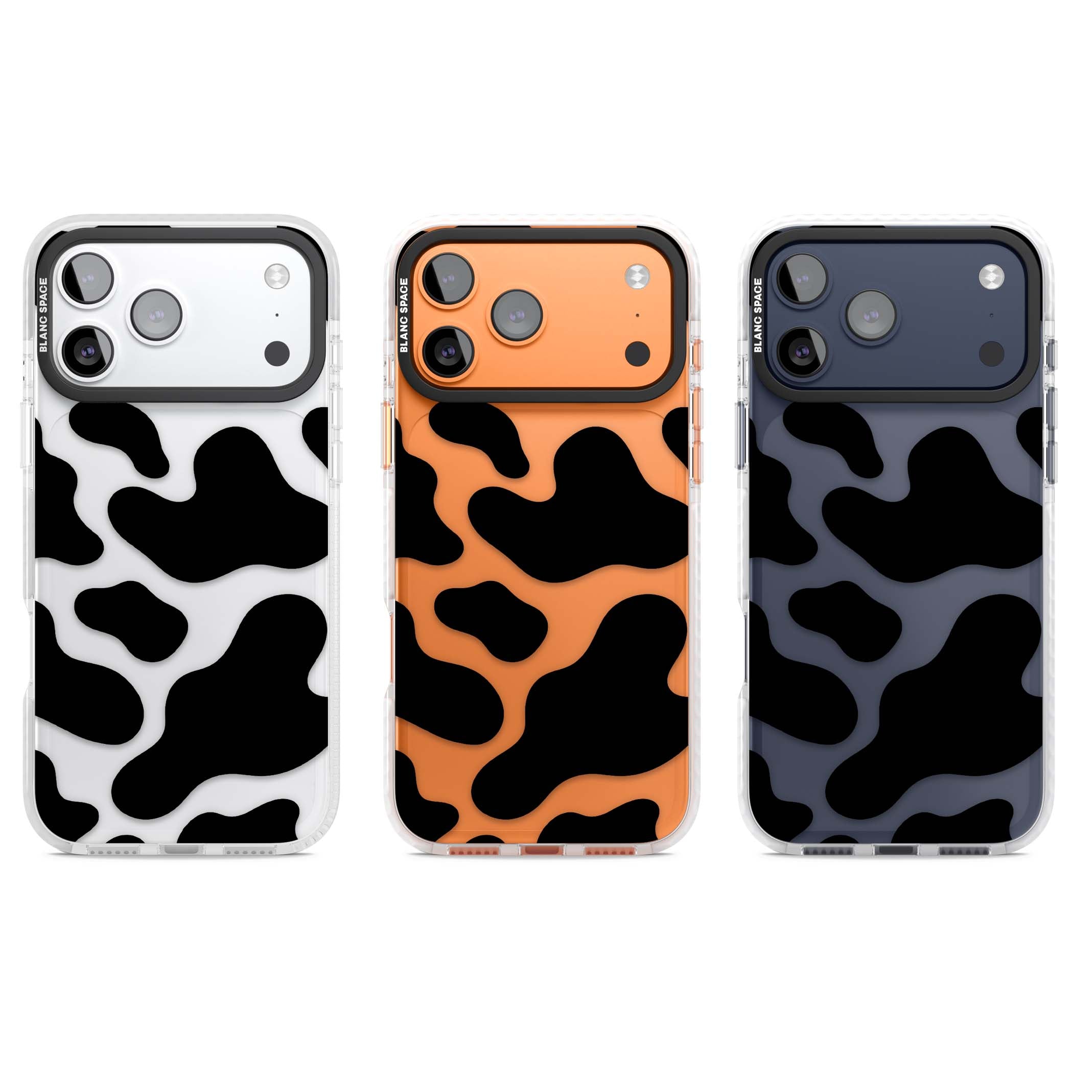 Clear Cow Print cow print iPhone case featuring black and white cow pattern splotches on a clear background | Black Impact case for iPhone 17 Pro, iPhone 17 Pro Max