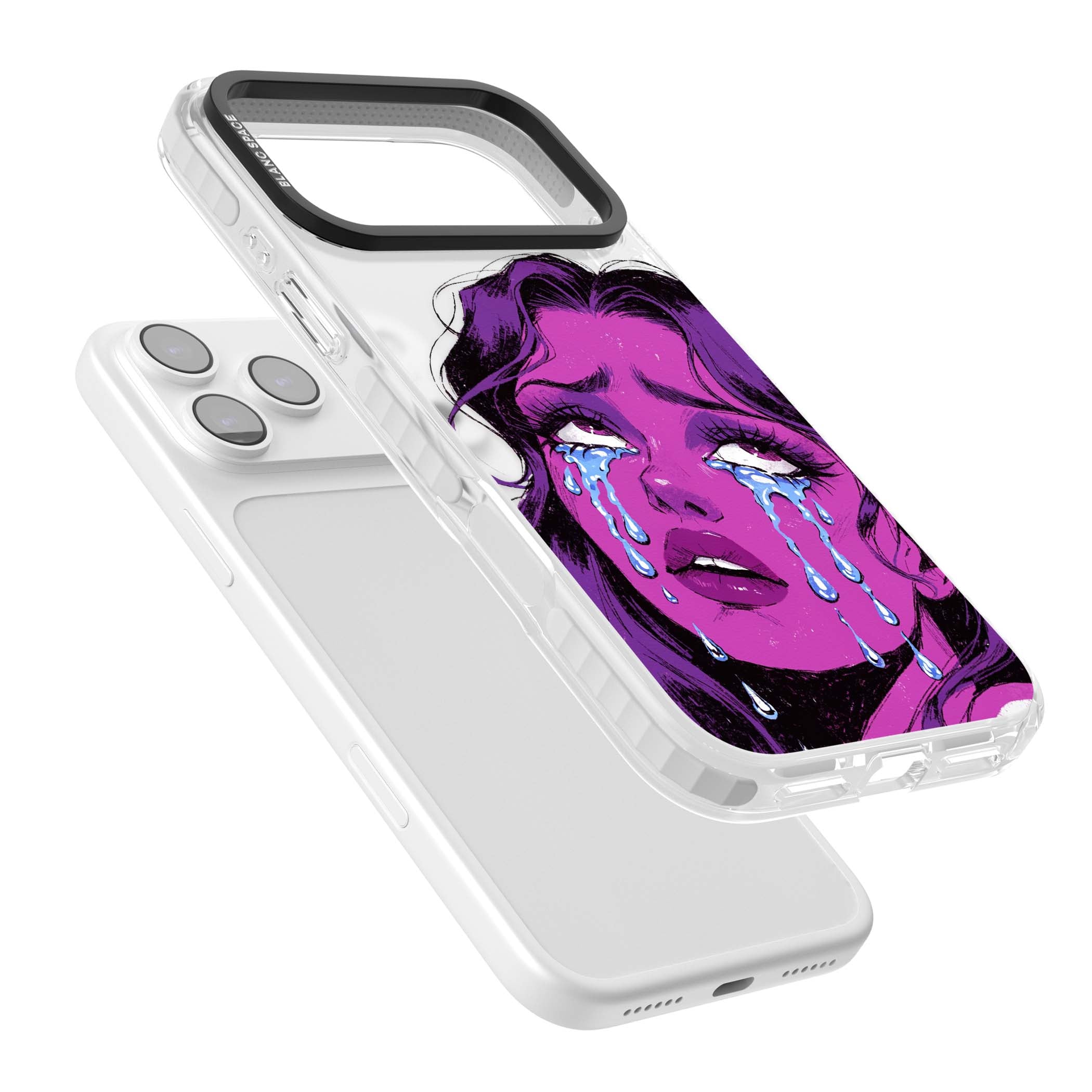 Drama Queen pop art iPhone case featuring a purple crying comic girl with blue tears | Black Impact case for iPhone 17 Pro, iPhone 17 Pro Max