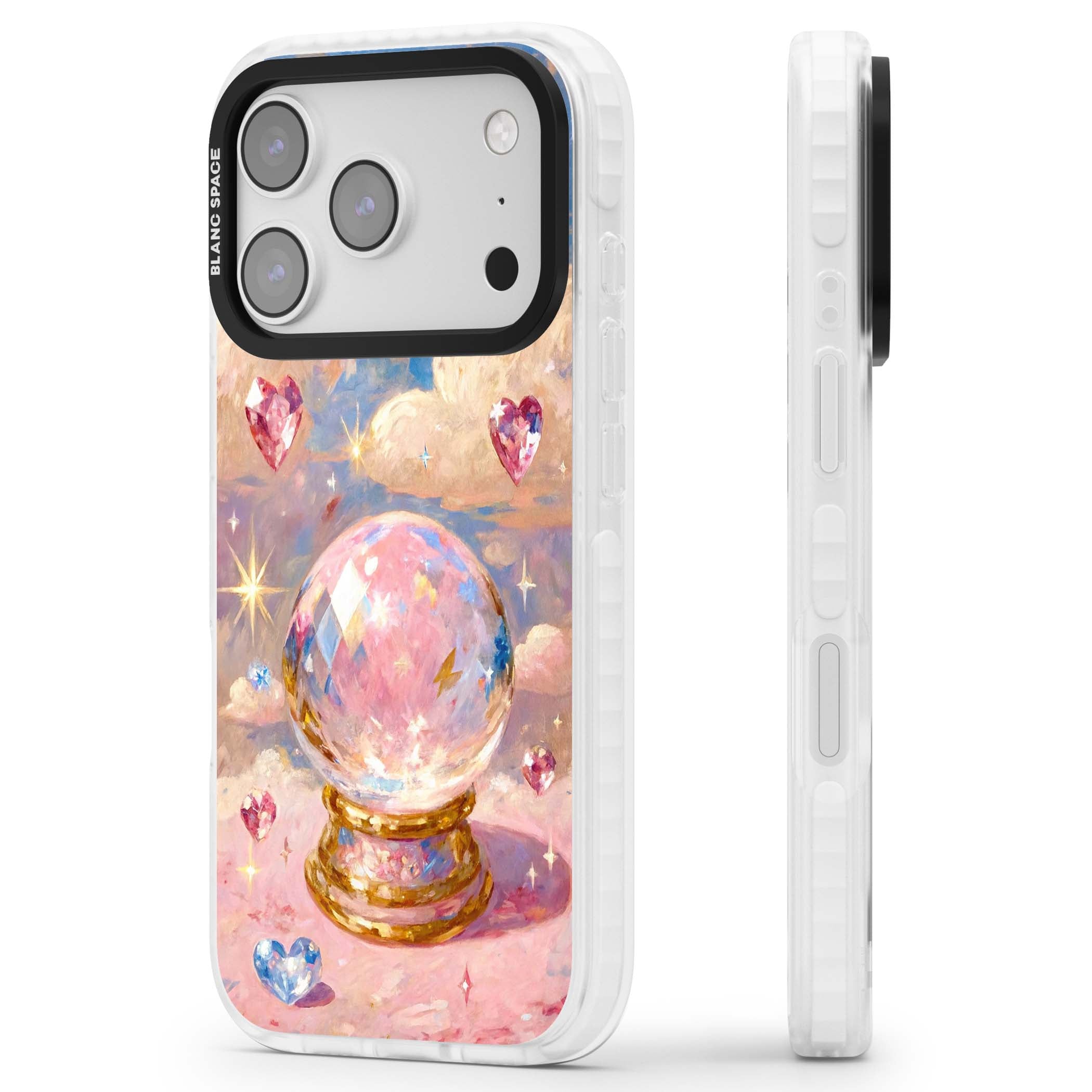 Crystal Ball fairycore iPhone case featuring a painted crystal ball, heart gemstones, and pastel clouds | Black Impact case for iPhone 17 Pro, iPhone 17 Pro Max