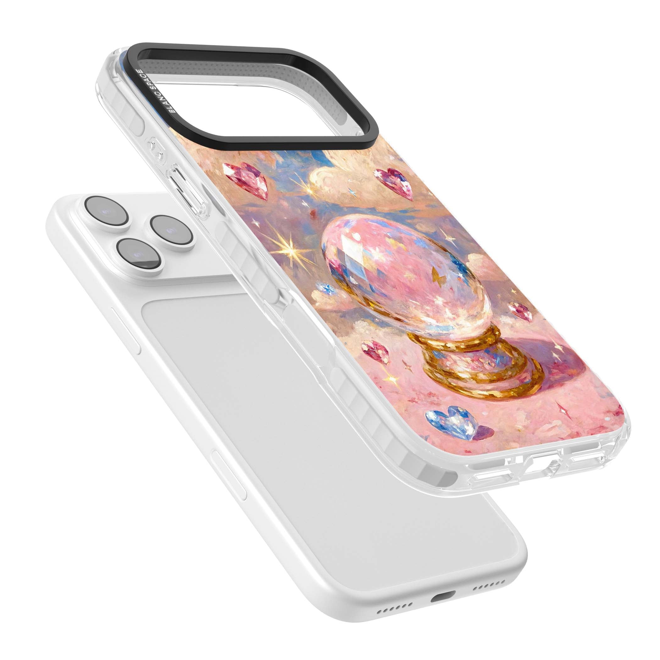 Crystal Ball fairycore iPhone case featuring a painted crystal ball, heart gemstones, and pastel clouds | Black Impact case for iPhone 17 Pro, iPhone 17 Pro Max