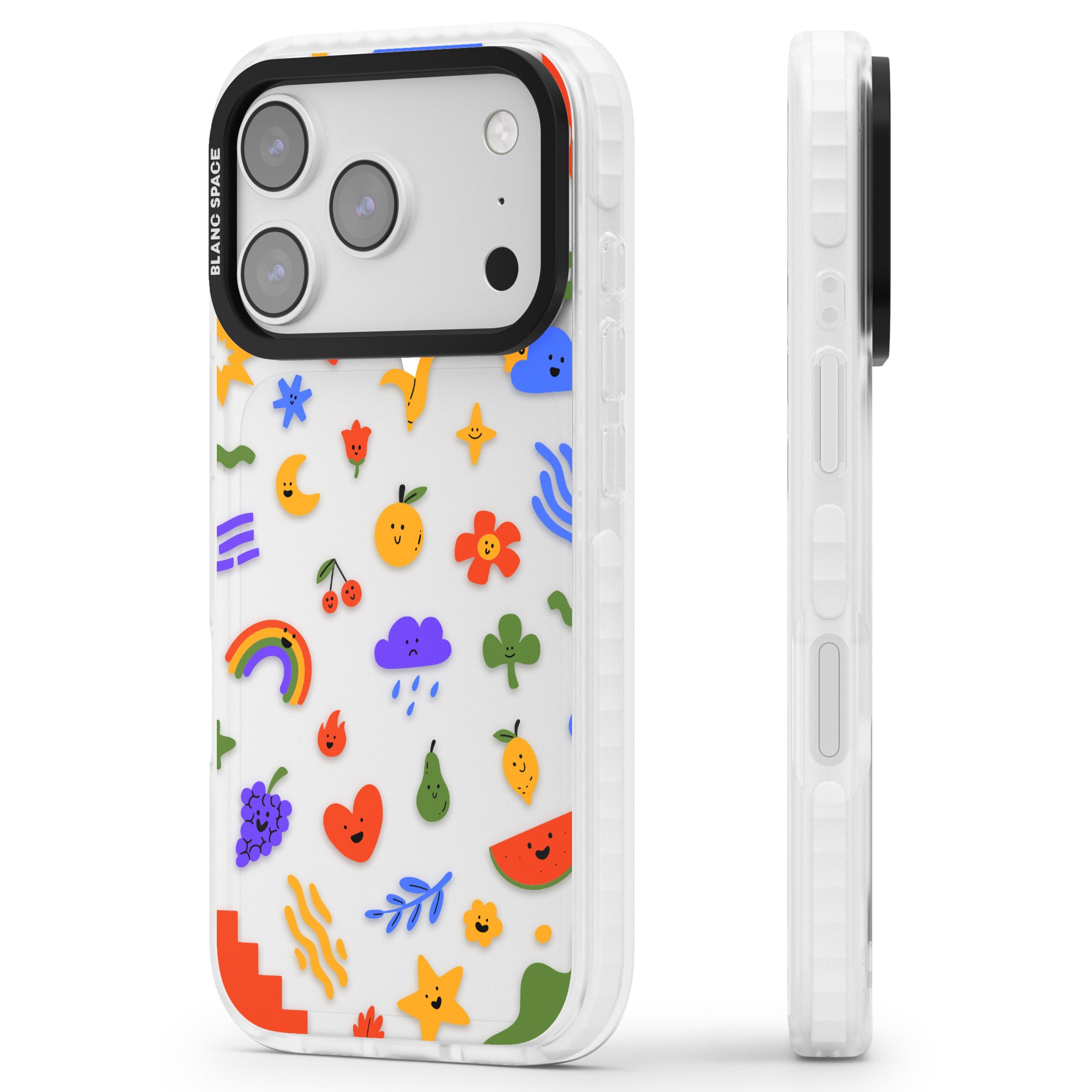 Quirky Cute Icon Pattern iPhone 17 Pro Impact Clear Phone Case Side Profile