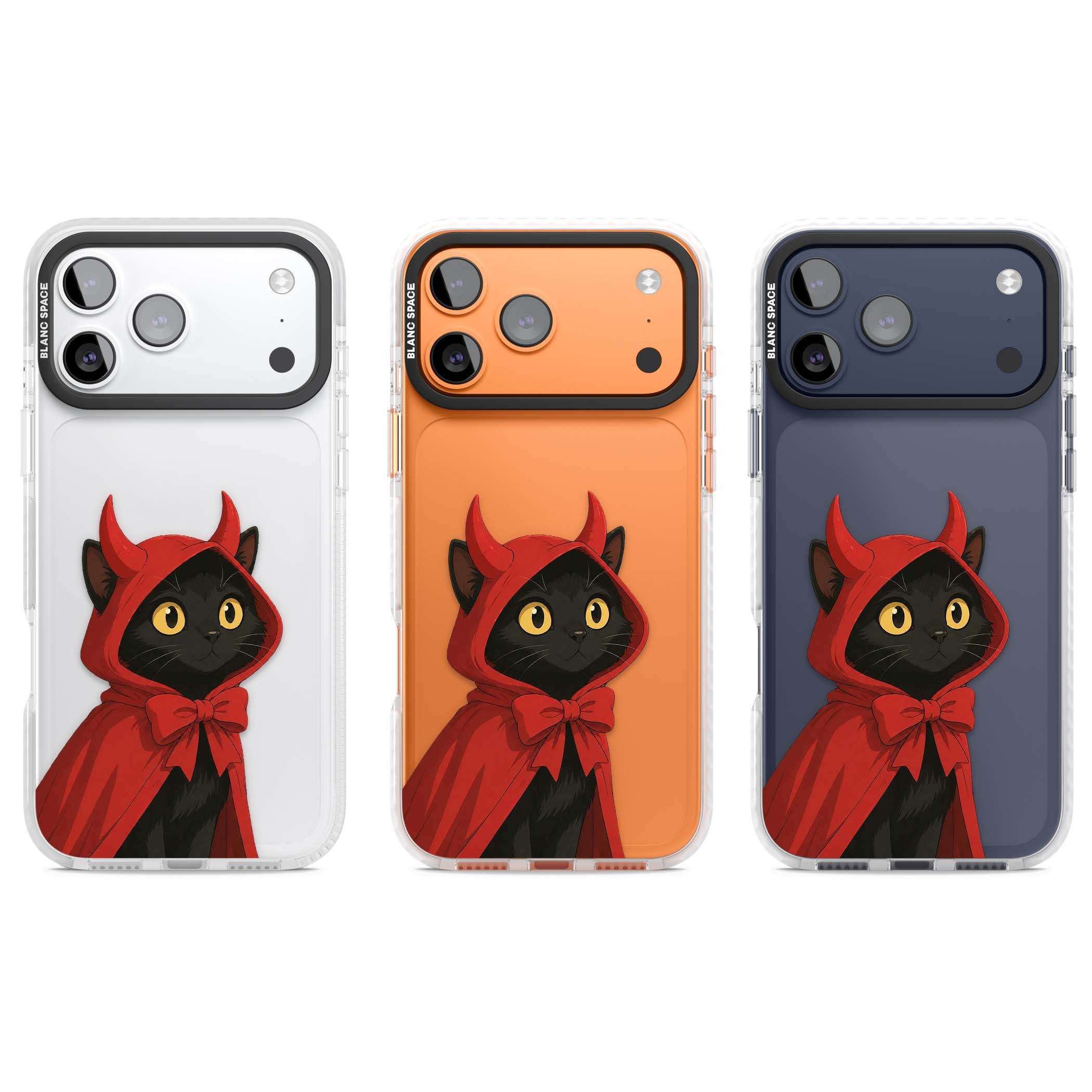 Little Devil halloween iPhone case featuring a black cat in a red hooded devil cloak with horns and golden eyes | Black Impact case for iPhone 17 Pro, iPhone 17 Pro Max