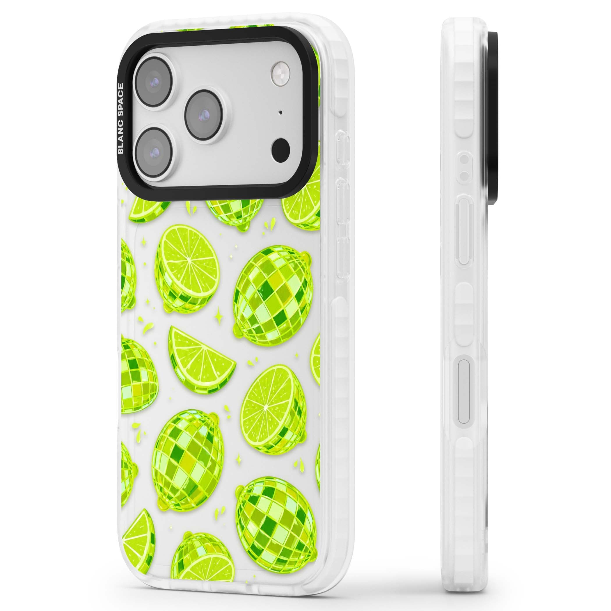 Disco Limes fruit aesthetic iPhone case featuring green disco balls, lime slices and citrus sparkles | Black Impact case for iPhone 17 Pro, iPhone 17 Pro Max