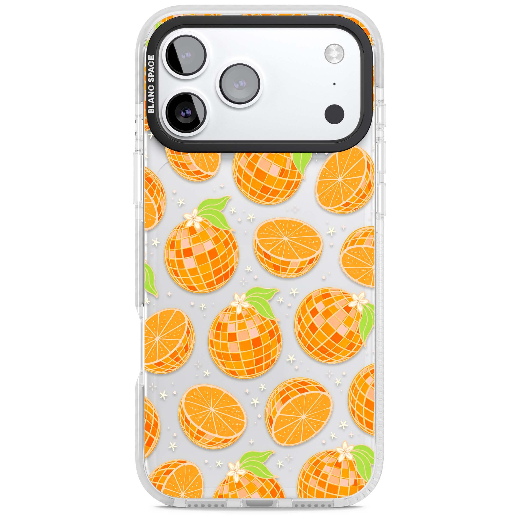 Disco Oranges retro iPhone case featuring mirrorball oranges, citrus slices and tiny blossoms on clear | Black Impact case for iPhone 17 Pro, iPhone 17 Pro Max