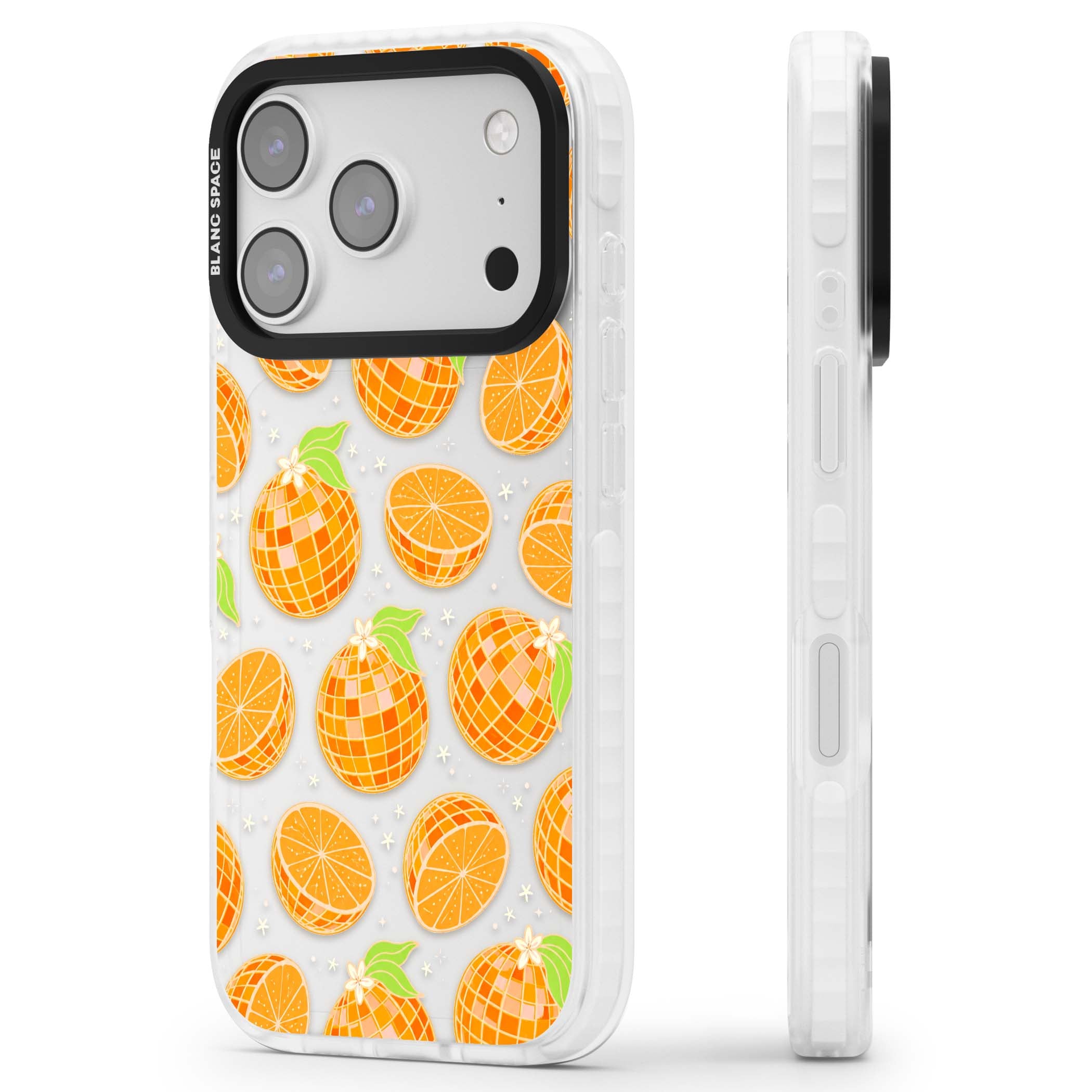 Disco Oranges retro iPhone case featuring mirrorball oranges, citrus slices and tiny blossoms on clear | Black Impact case for iPhone 17 Pro, iPhone 17 Pro Max