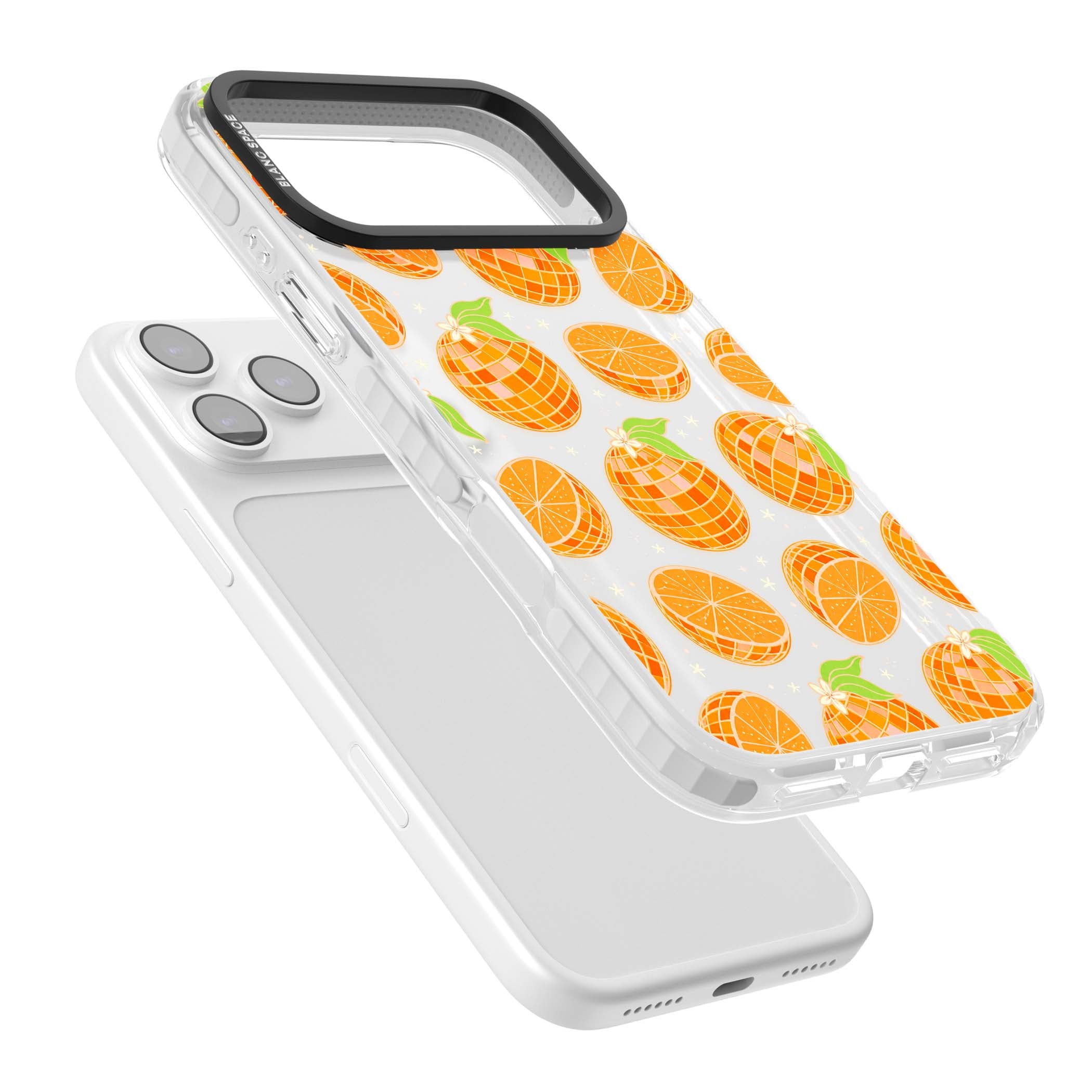 Disco Oranges retro iPhone case featuring mirrorball oranges, citrus slices and tiny blossoms on clear | Black Impact case for iPhone 17 Pro, iPhone 17 Pro Max