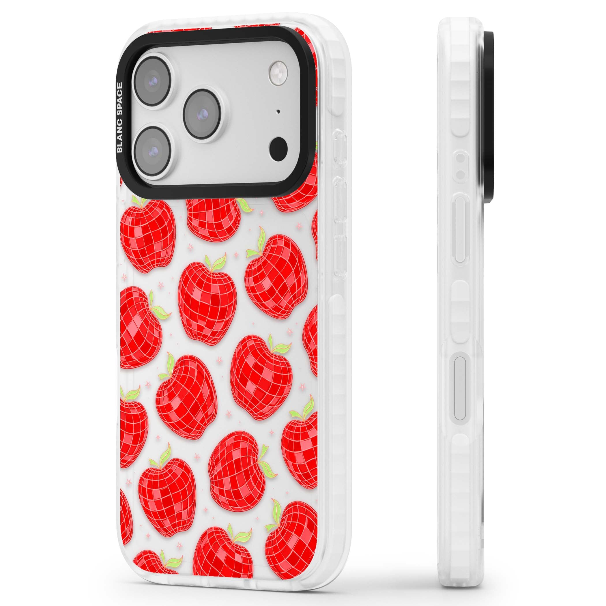 Disco Apples Y2K iPhone case featuring red disco ball apples, green leaves and pink sparkles on clear | Black Impact case for iPhone 17 Pro, iPhone 17 Pro Max