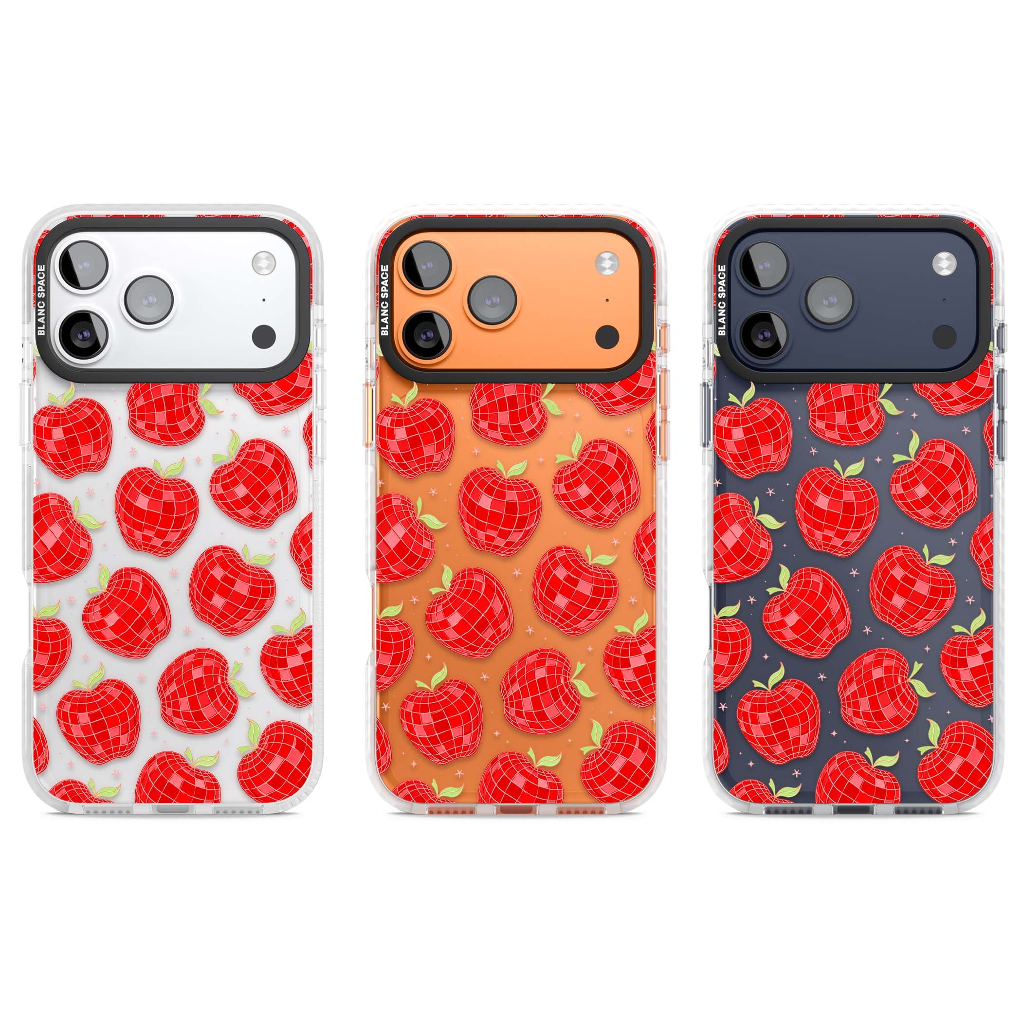 Disco Apples Y2K iPhone case featuring red disco ball apples, green leaves and pink sparkles on clear | Black Impact case for iPhone 17 Pro, iPhone 17 Pro Max