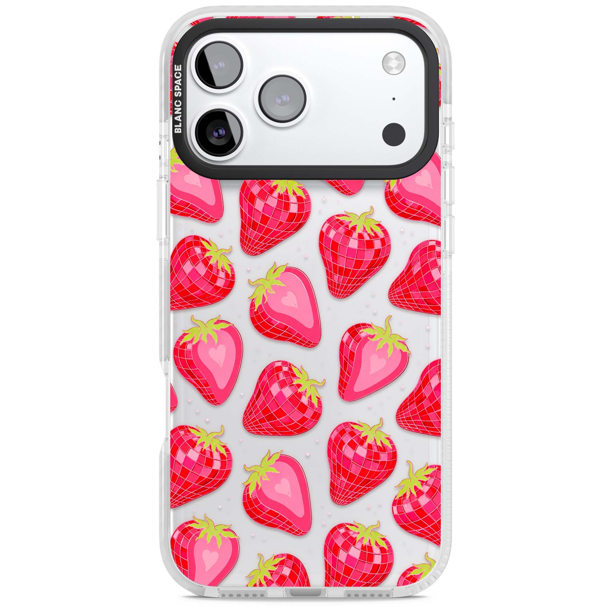Disco Strawberry Y2K iPhone case featuring pink disco-ball strawberries, green leaves and tiny sparkles | Black Impact case for iPhone 17 Pro, iPhone 17 Pro Max