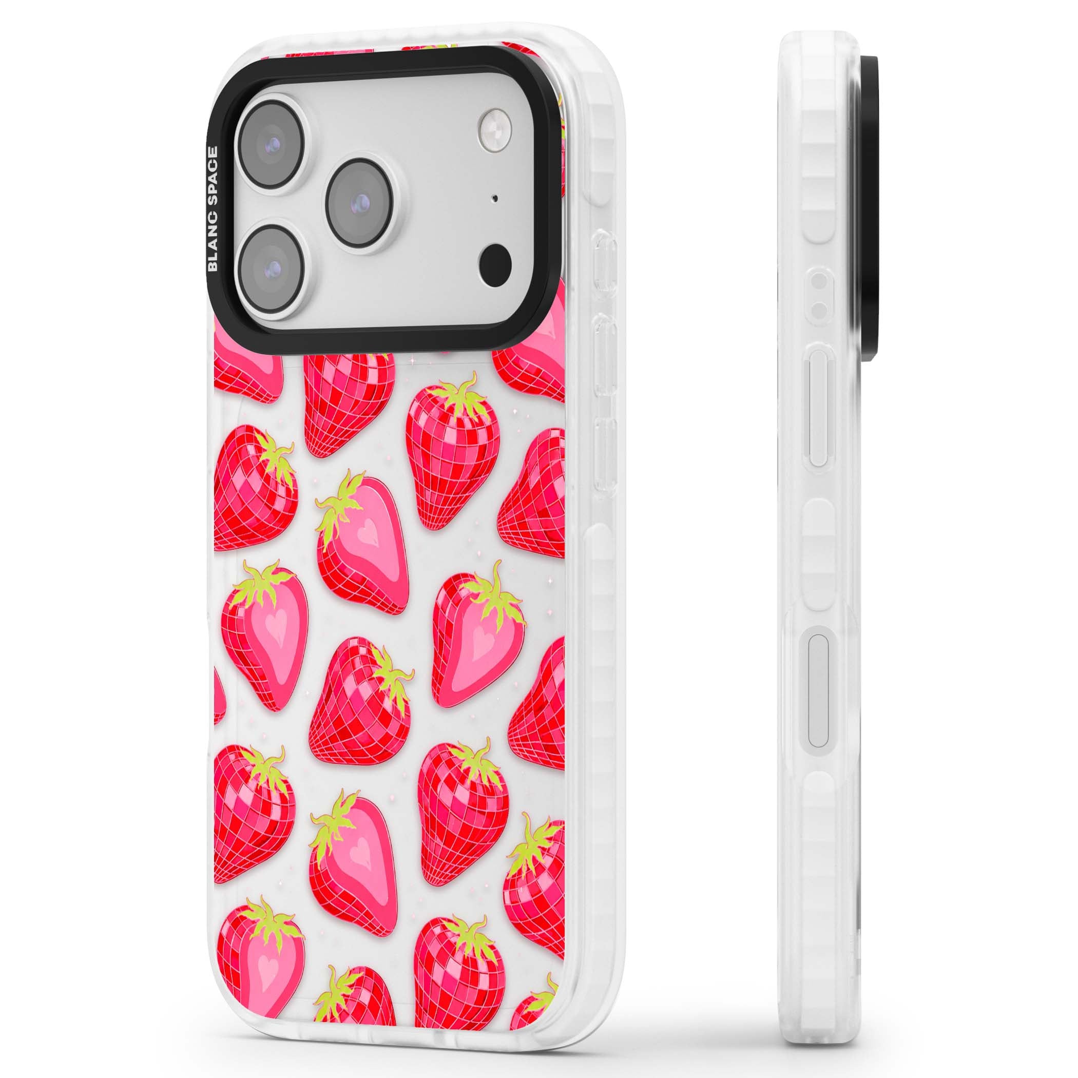 Disco Strawberry Y2K iPhone case featuring pink disco-ball strawberries, green leaves and tiny sparkles | Black Impact case for iPhone 17 Pro, iPhone 17 Pro Max