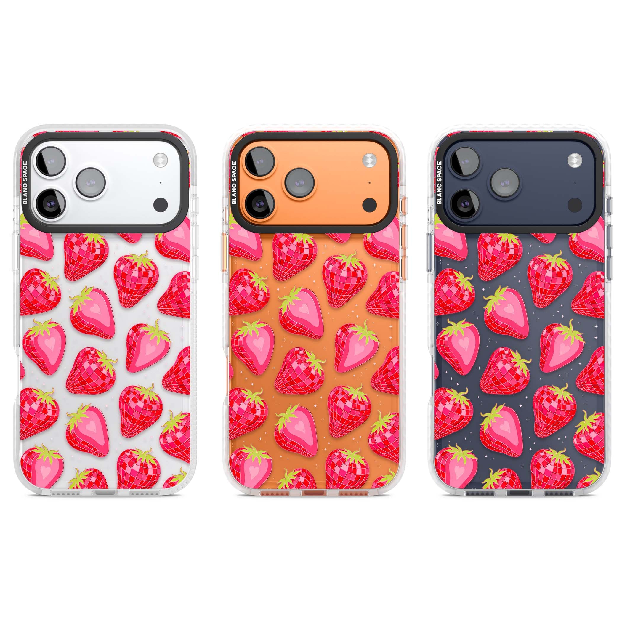 Disco Strawberry Y2K iPhone case featuring pink disco-ball strawberries, green leaves and tiny sparkles | Black Impact case for iPhone 17 Pro, iPhone 17 Pro Max
