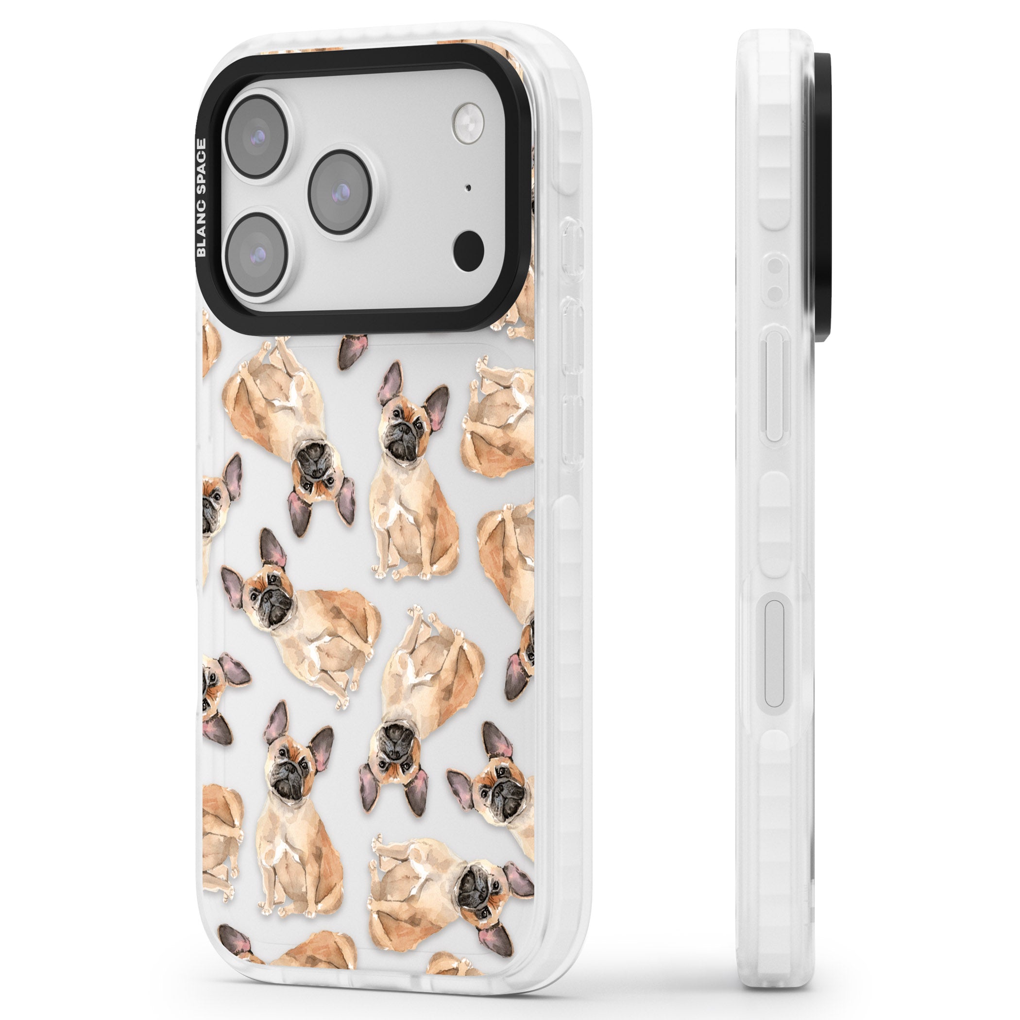 French Bulldog Watercolour Pattern iPhone 17 Pro Impact Clear Phone Case Side Profile